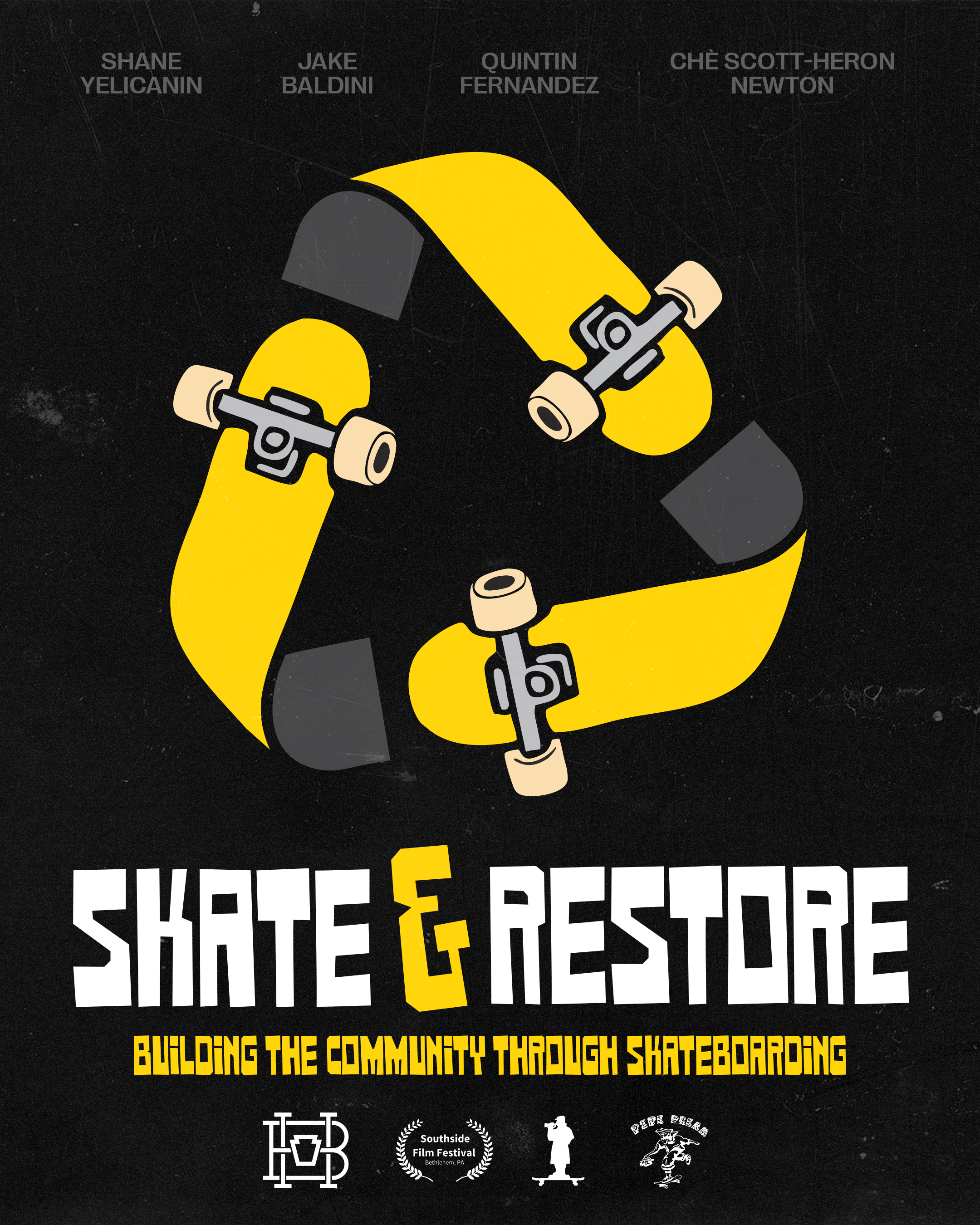 A promotional graphic for a skateboarding event called Skate & Restore. The design features stylized skateboard images in yellow, gray, and beige, and text emphasizing building community through skateboarding with logos of the Southside Film Festival