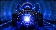 Futuristic vehicle with glowing lights and a tunnel tunnel background.