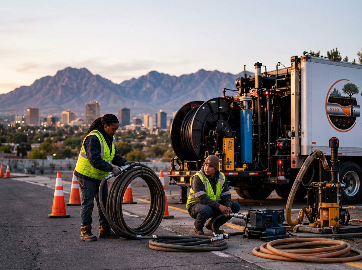 Two workers in high-visibility vests repairing underground pipes on a rooftop with the city skyline and mountains in the background during sunset.