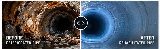 Side-by-side comparison of a deteriorated pipe with rust and buildup on the left and a cleaned, rehabilitated pipe on the right.