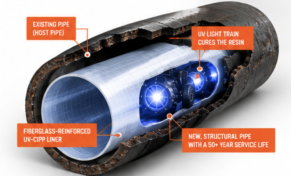 Cross-section of a pipe showing layers labeled as existing pipe (host pipe), a fiberglass-reinforced UV-CIPP liner, a UV light train curing the resin, and a new structural pipe with a 50+ year service life.