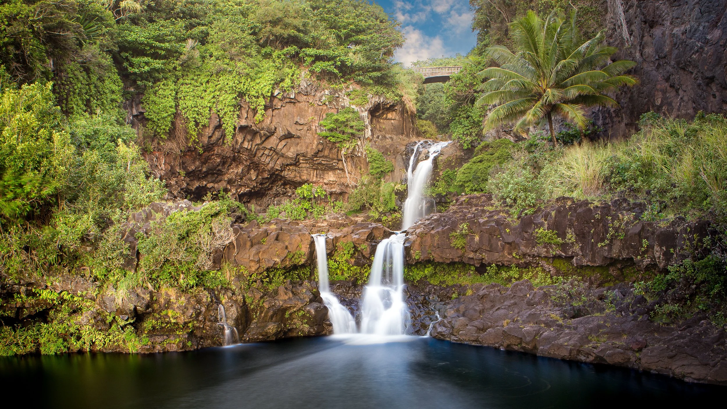 A lush tropical landscape with a multi-tier waterfall cascading over rocks into a dark pool, surrounded by green foliage and tall palm trees, under a partly cloudy sky.
