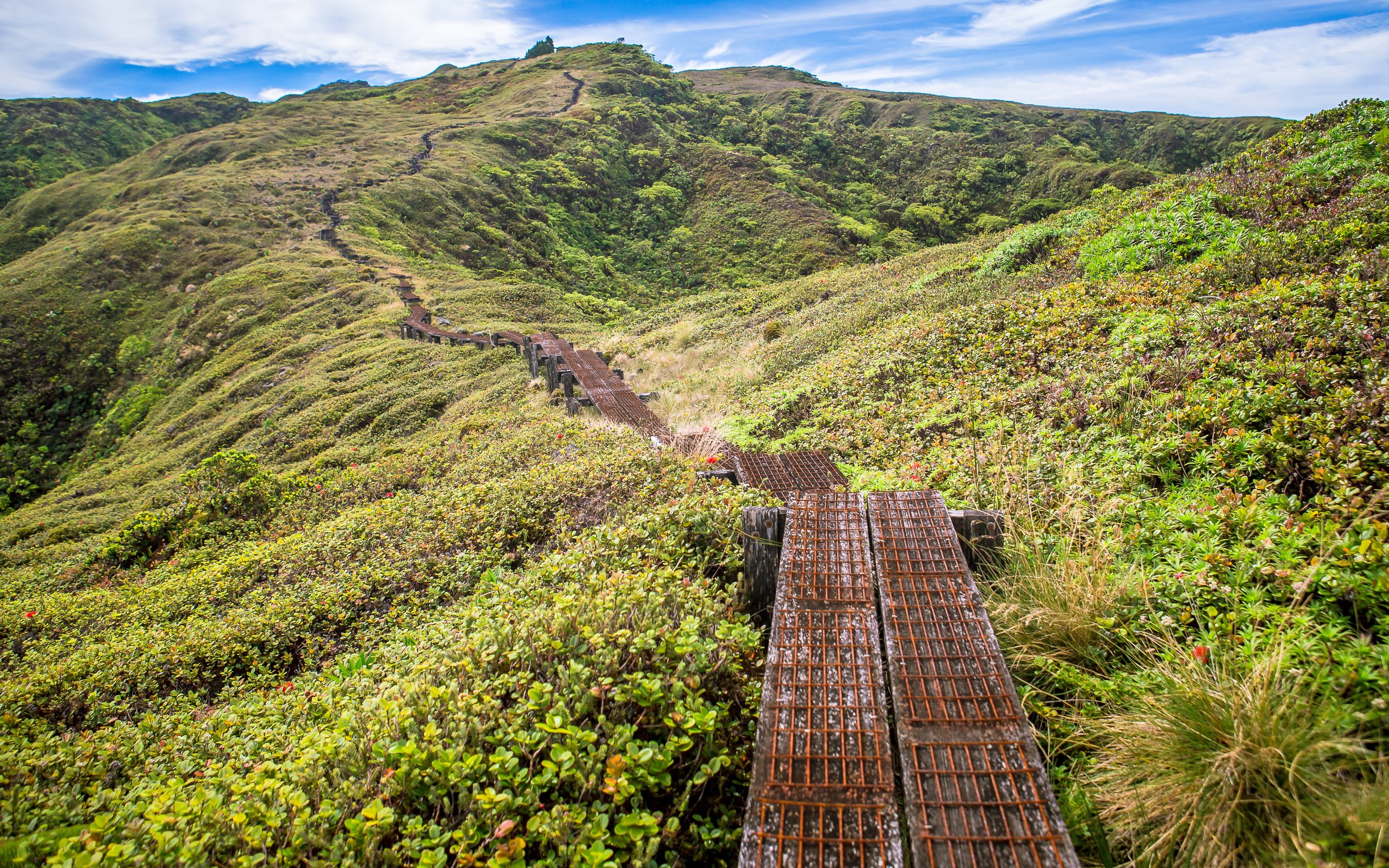 A scenic mountain landscape with a rusted metal pathway leading through lush green hills and sparse trees, under a partly cloudy sky.