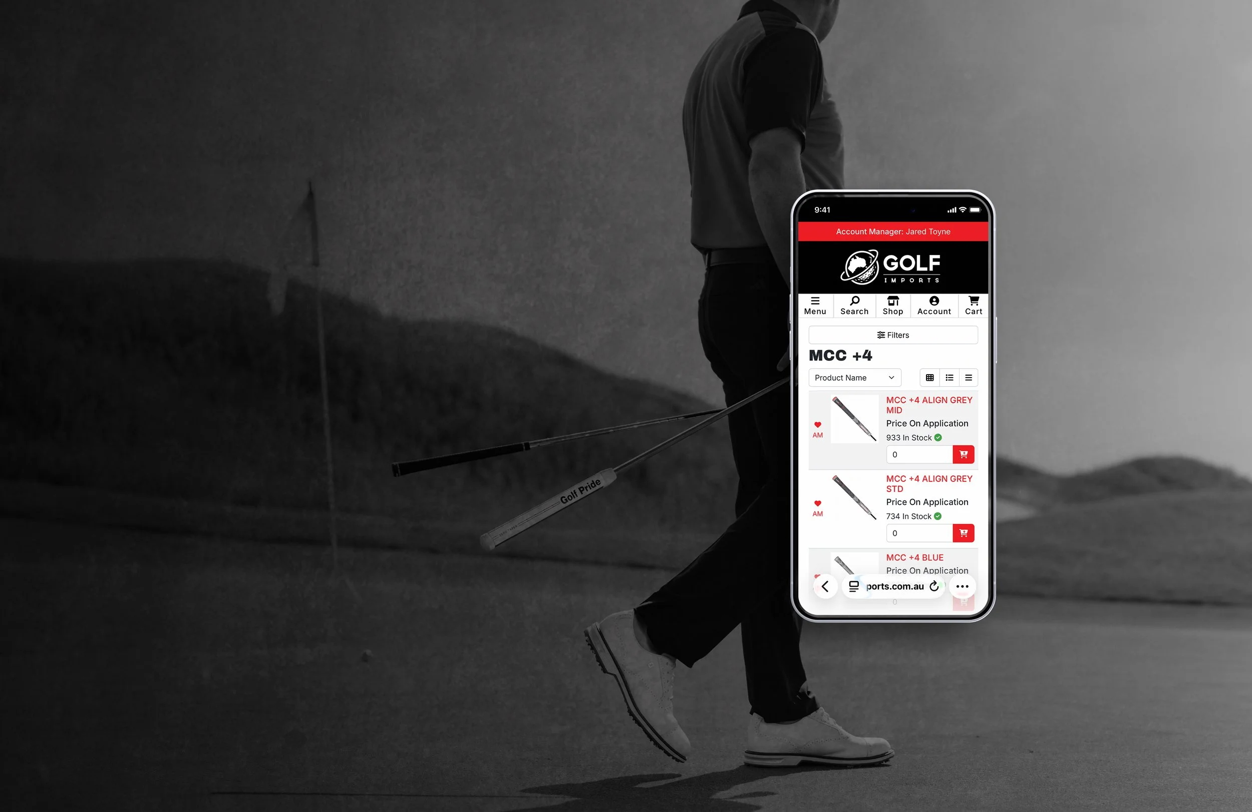 The Golf Imports online ordering system shown on an iPhone screen.