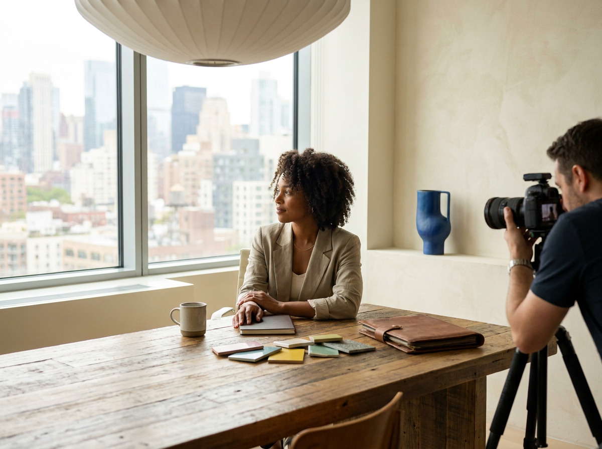 Woman being filmed by a photographer in a bright office with large windows and a city skyline view.