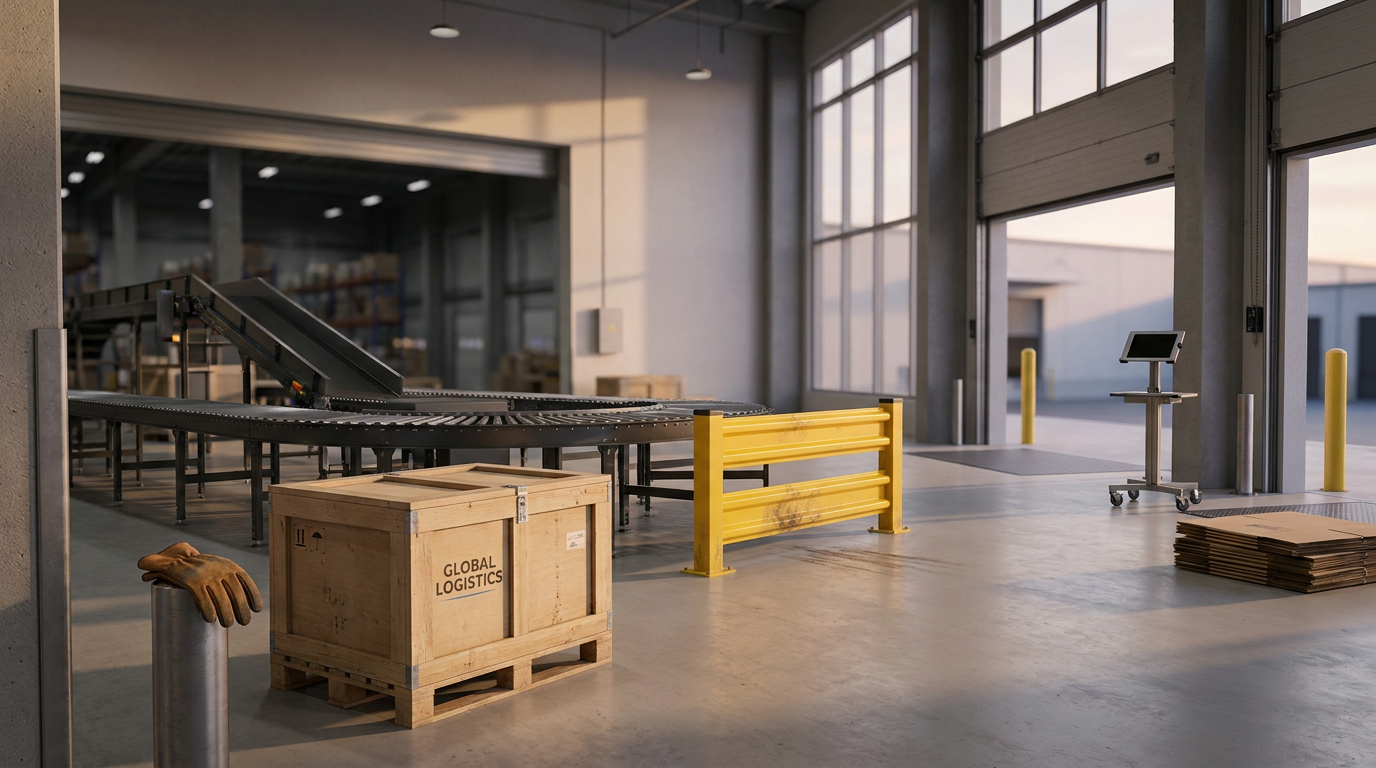 Interior of a warehouse with a conveyor belt, wooden crates labeled 'Global Logistics', metal gloves on a pole, and stacked flattened cardboard boxes near a large open garage door, with sunlight coming through the windows.