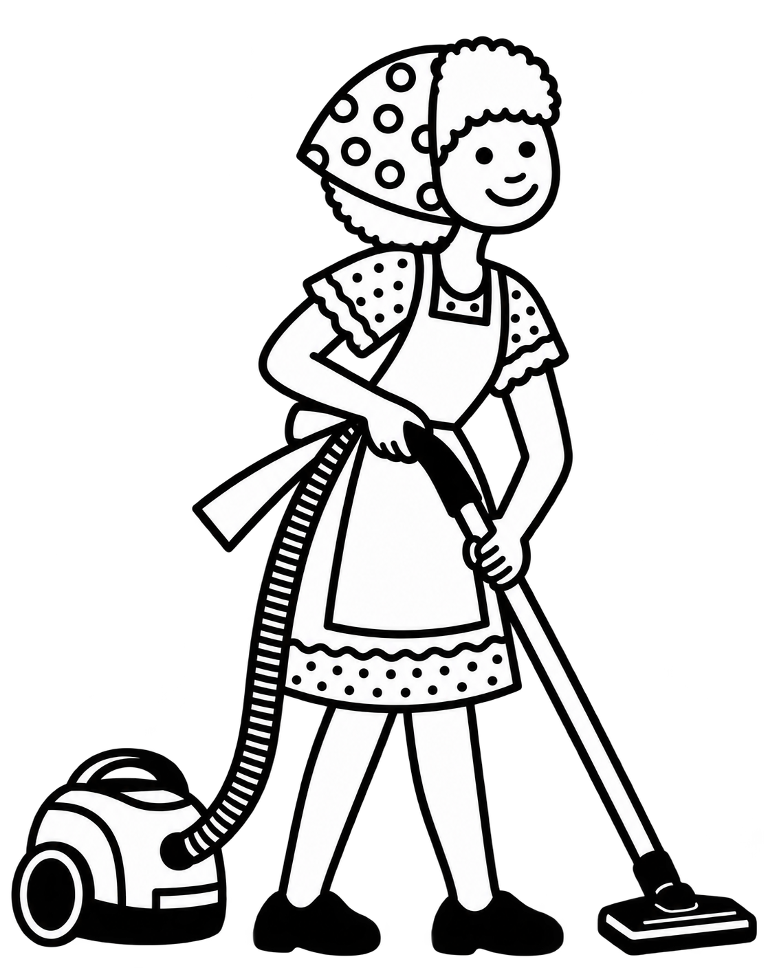 Black and white illustration of a girl vacuuming the floor, wearing a dress with polka dots and an apron.