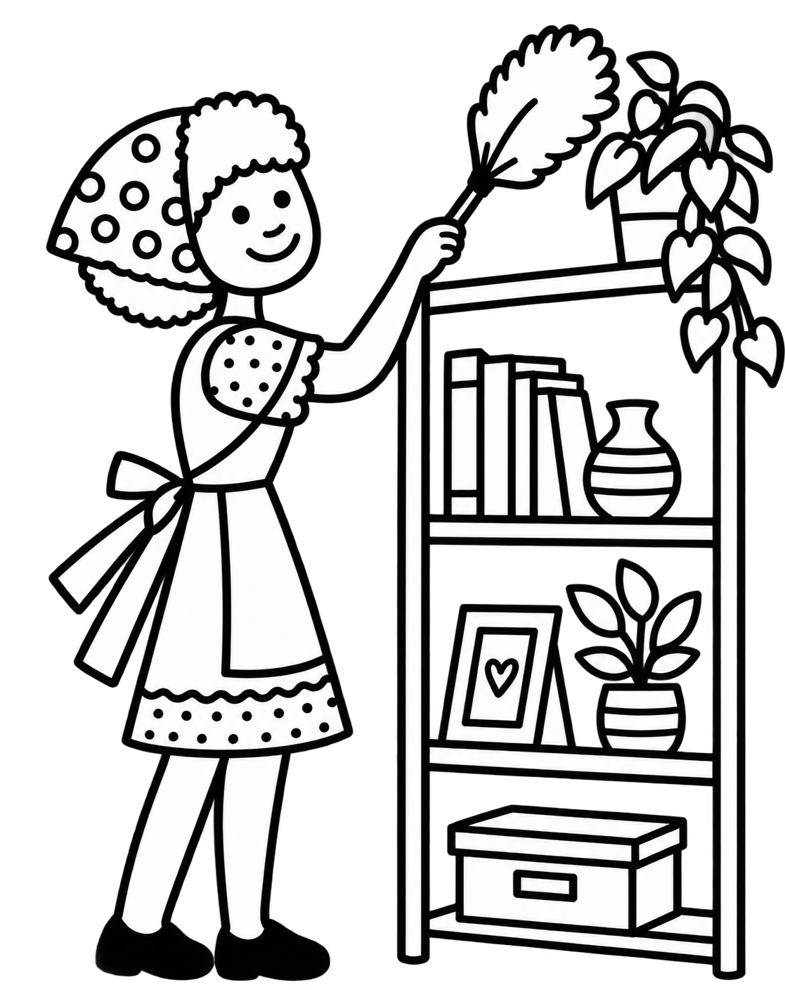 A girl wearing a dress and apron, with a polka-dot headscarf, watering a potted plant on a shelf. The shelf contains books, a framed picture with a heart, a vase, and a storage box.