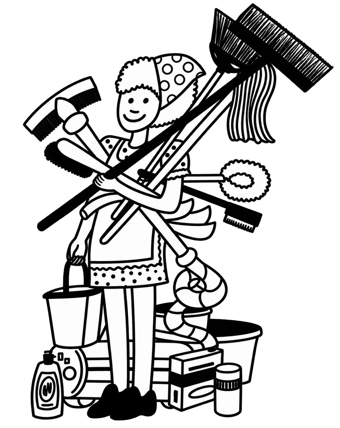 Black and white illustration of a smiling girl in a dress holding a bucket, surrounded by cleaning supplies, brushes, cloths, and other household cleaning items.