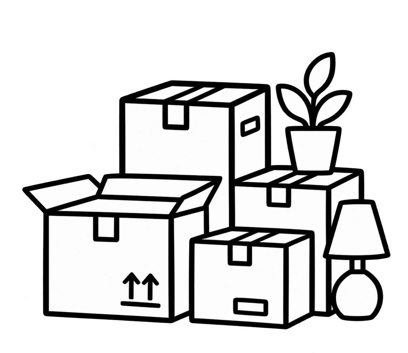 Black and white line drawing of several cardboard boxes, a potted plant, a table lamp, and a table lamp on a surface.