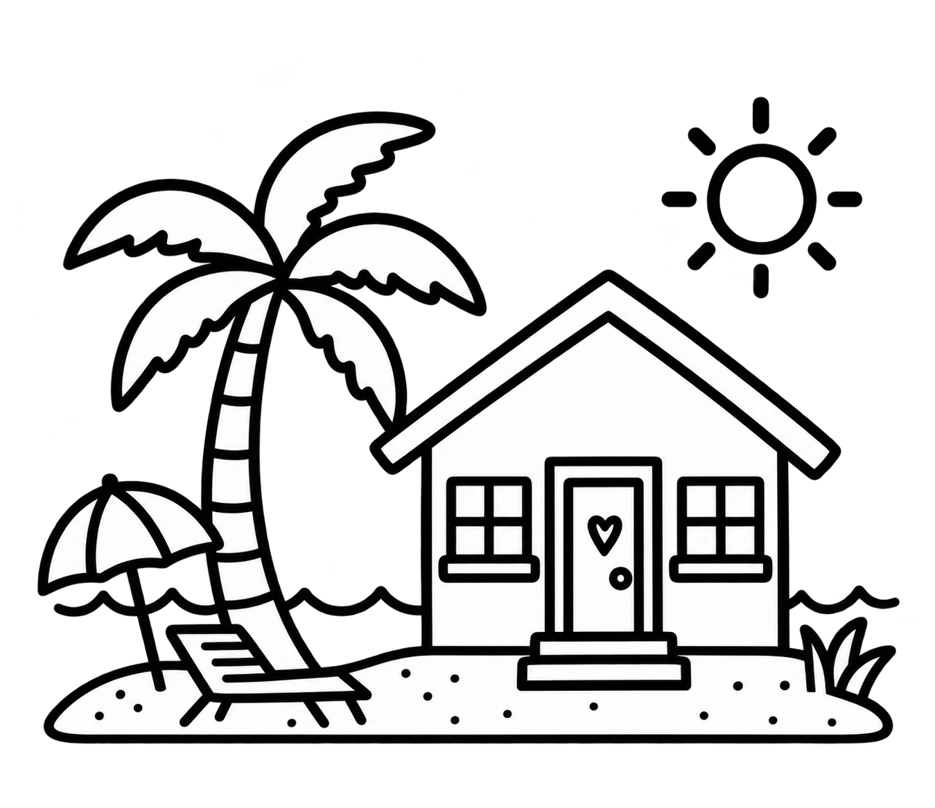 Line drawing of a small house with a front porch, two windows, and a heart on the door. To the left, a tall palm tree with large leaves, a beach umbrella, and a lounge chair on a small patch of ground.
