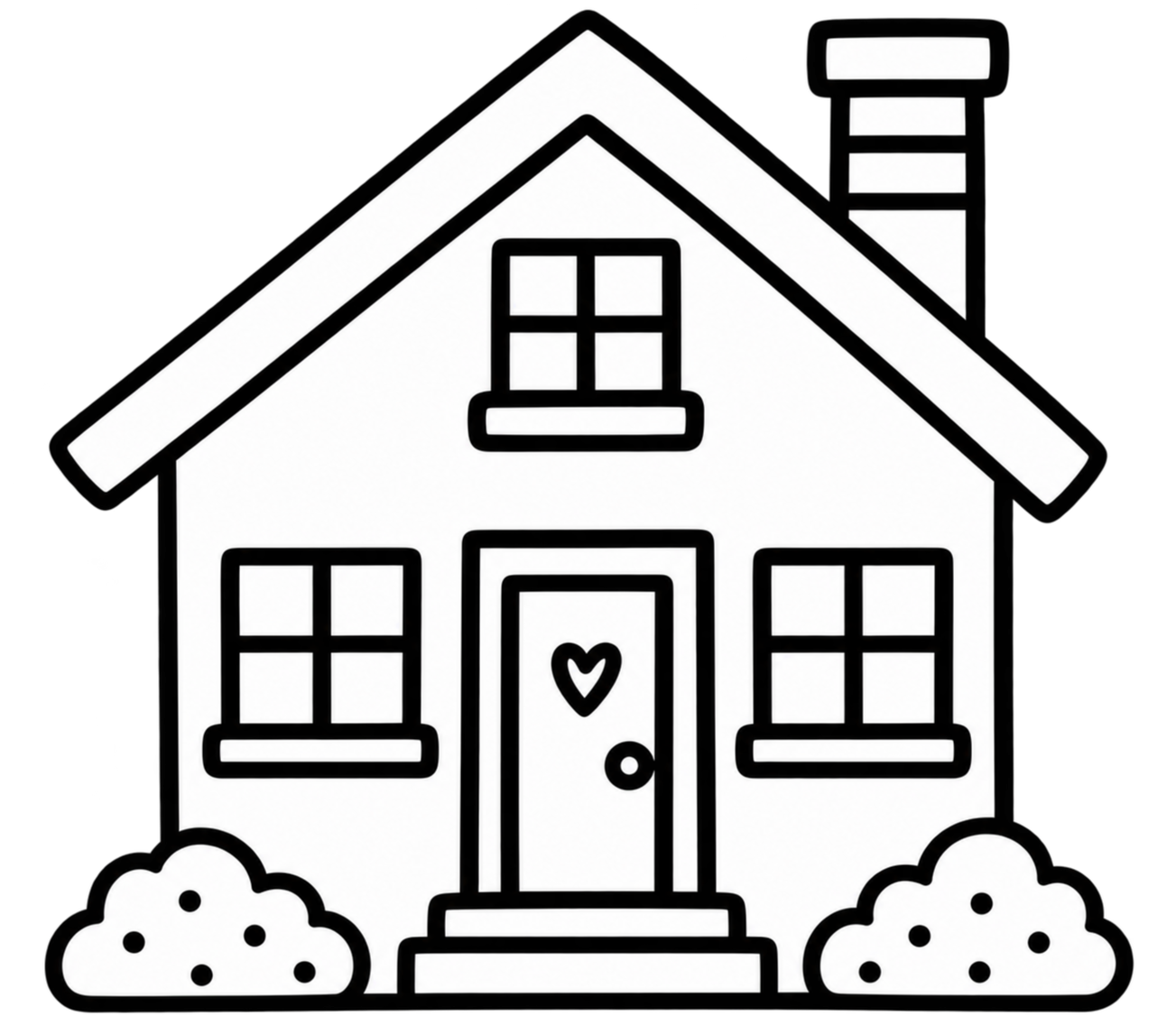 Black and white outline drawing of a house with four windows, a door with a heart on it, a front step, a chimney, and bushes on either side.