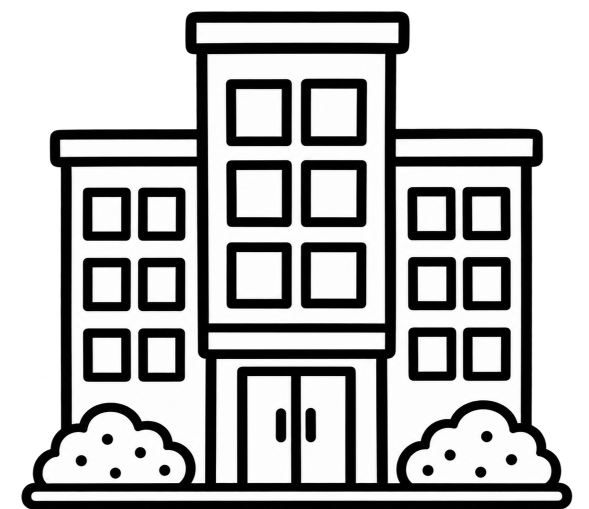 Black and white line drawing of a multi-story building with a central entrance and bushes on either side.