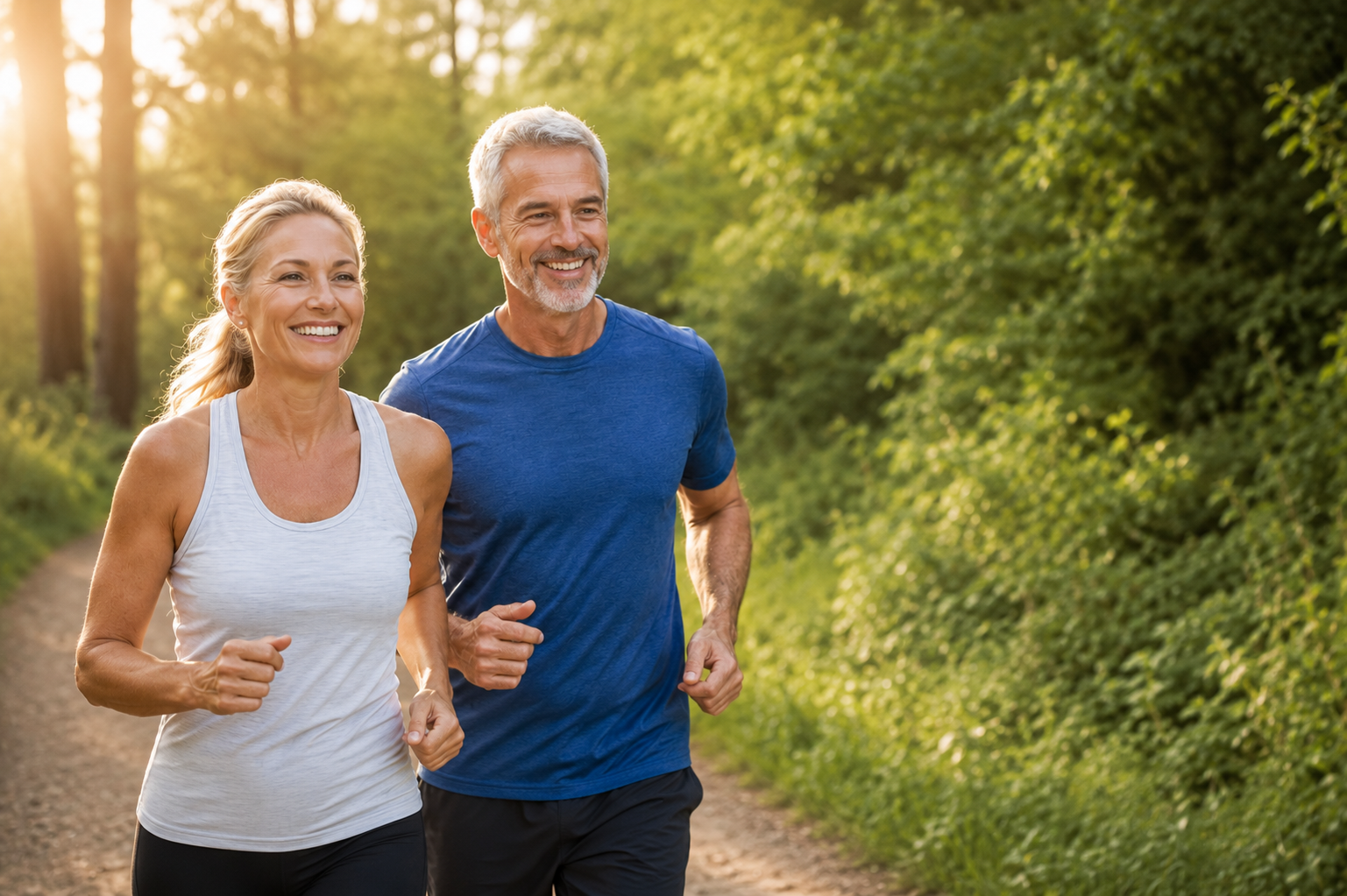 A happy middle-aged man and woman jogging together on a dirt trail in a green forest during sunset.