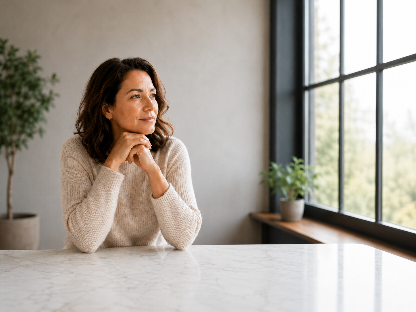 A woman sitting at a white marble table, gazing thoughtfully out a large window with natural light, in a modern room with potted plants.