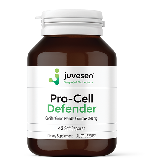 Brown bottle of Juvesen Pro-Cell Defender dietary supplement, containing 42 soft capsules, with a white label featuring green and black text and a white cap.