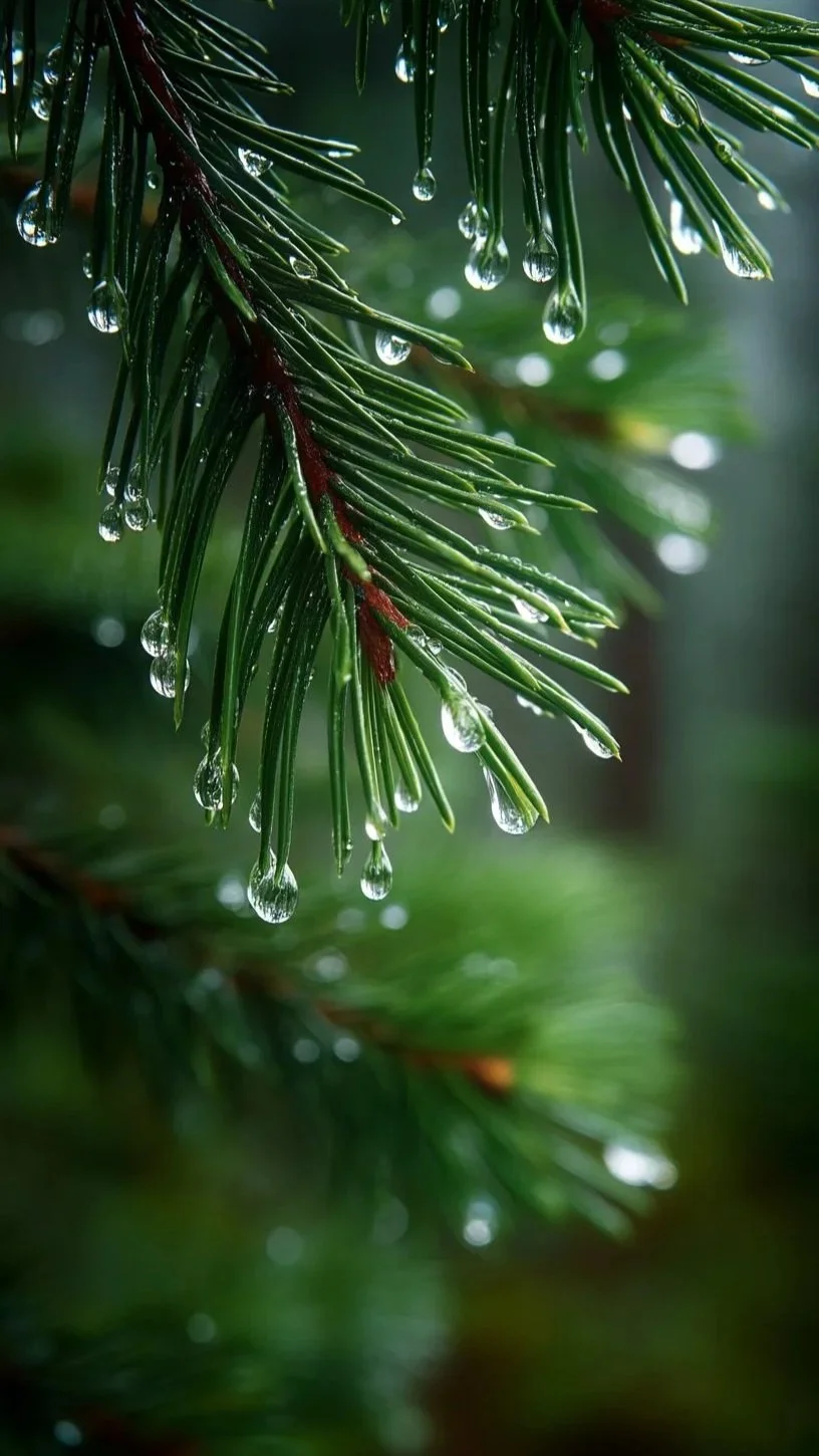 Close-up of pine tree branches with water droplets hanging from the needles.
