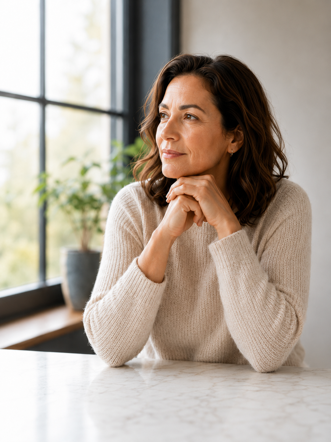 A woman with wavy brunette hair sitting at a white marble table, looking thoughtfully out of a large window with natural light.