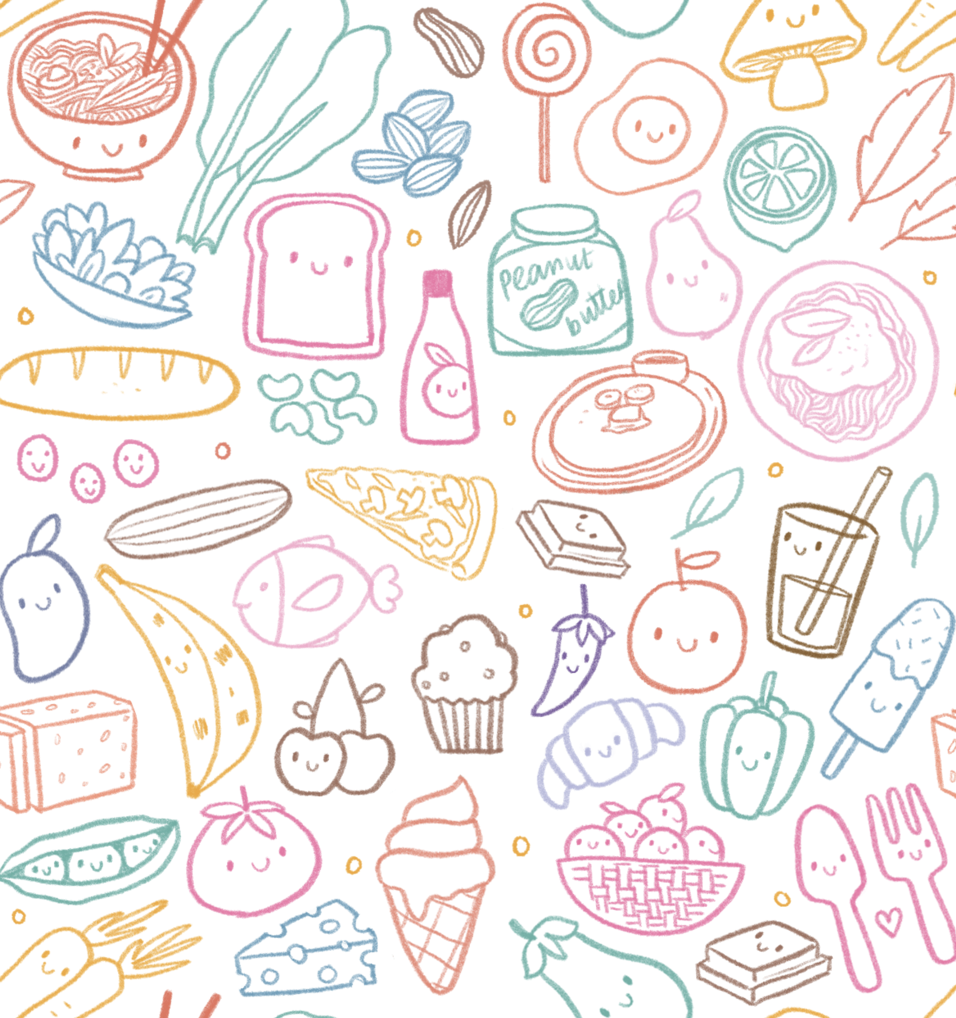 Colorful doodle-style illustrations of various food items and drinks, including ramen, bread, raspberry, pizza, ice cream cone, lemon slice, mushroom, a bottle labeled 'peanut butter', cupcake, chocolate, strawberry, carrot, and soda, all with cute s