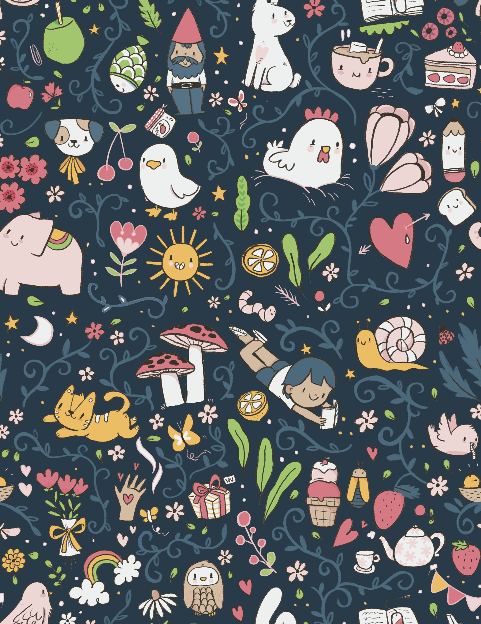 A dark background filled with colorful, whimsical illustrations. Features adorable animals, flowers, hearts, a rainbow, a gift, tea cups, and children reading or drawing, animated in a cute, sketch-like style.