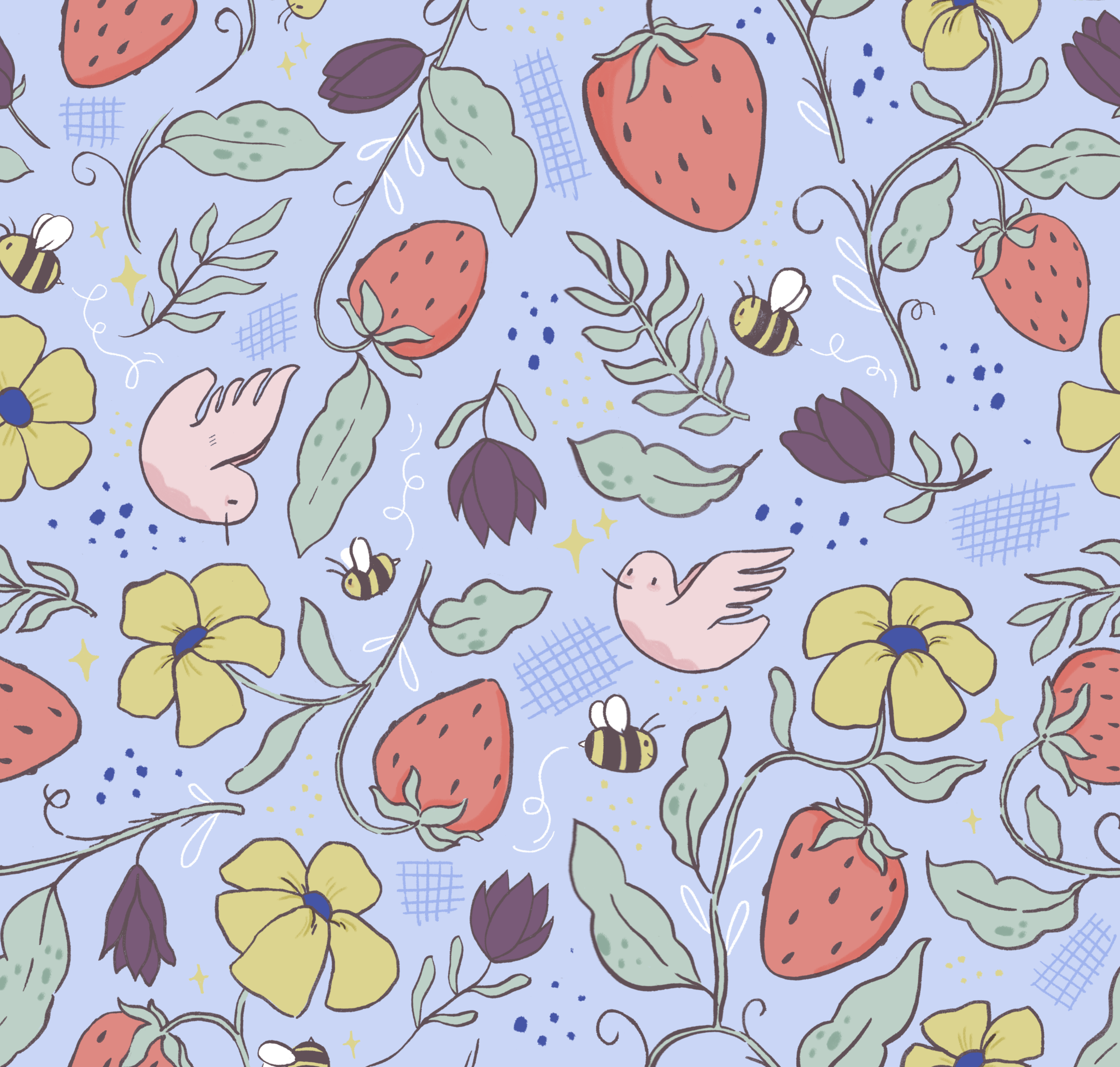 A colorful, whimsical pattern featuring strawberries, yellow flowers with blue centers, purple leaves, bees, and additional decorative elements like stars and abstract shapes on a light blue background.