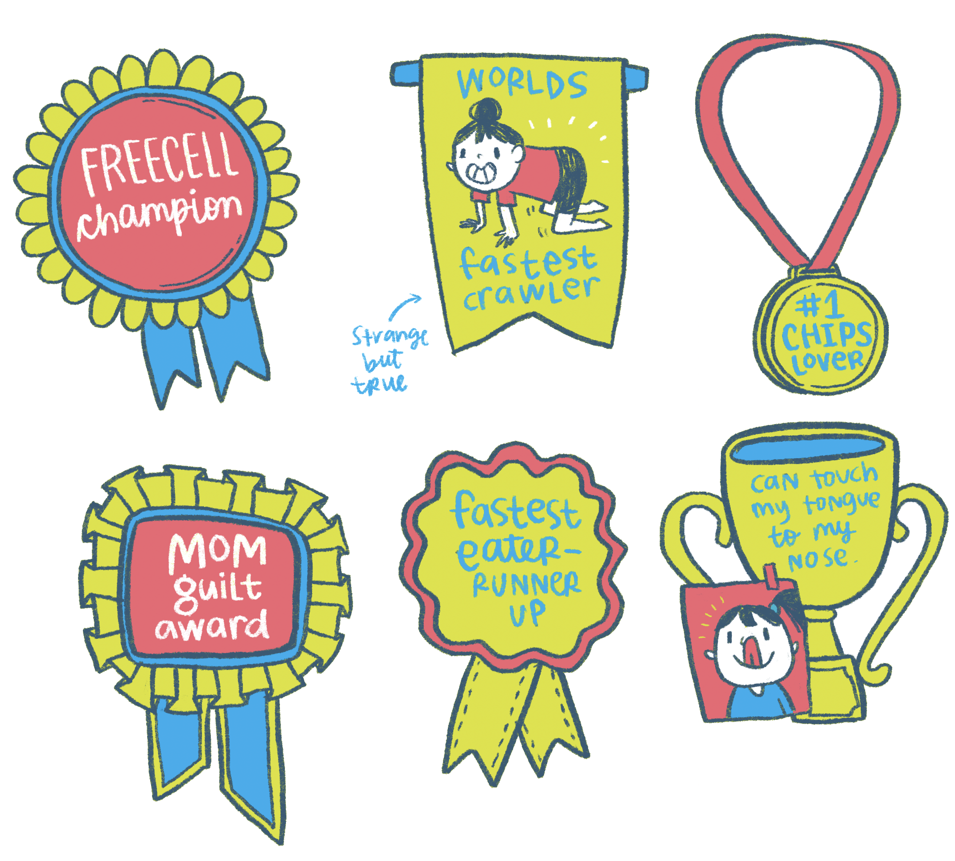 Colorful cartoon illustrations of awards and badges, including a ribbon labeled 'Freecell Champion', a
