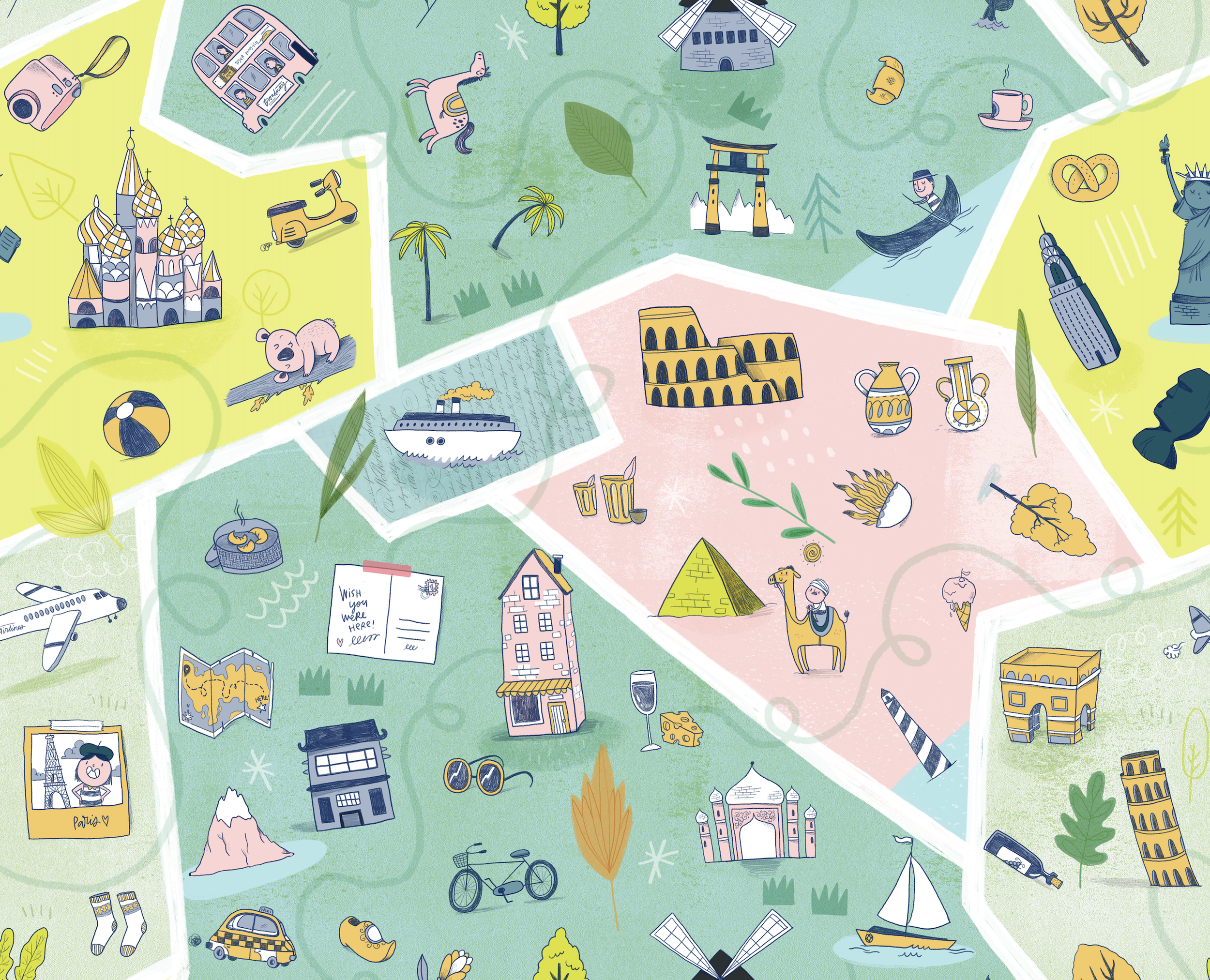 Colorful illustrated map of Paris, France with landmarks such as the Eiffel Tower, Notre Dame, Sacré-Cœur Basilica, and Louvre Museum, along with icons of a bicycle, a roller coaster, a cruise ship, and a gondola