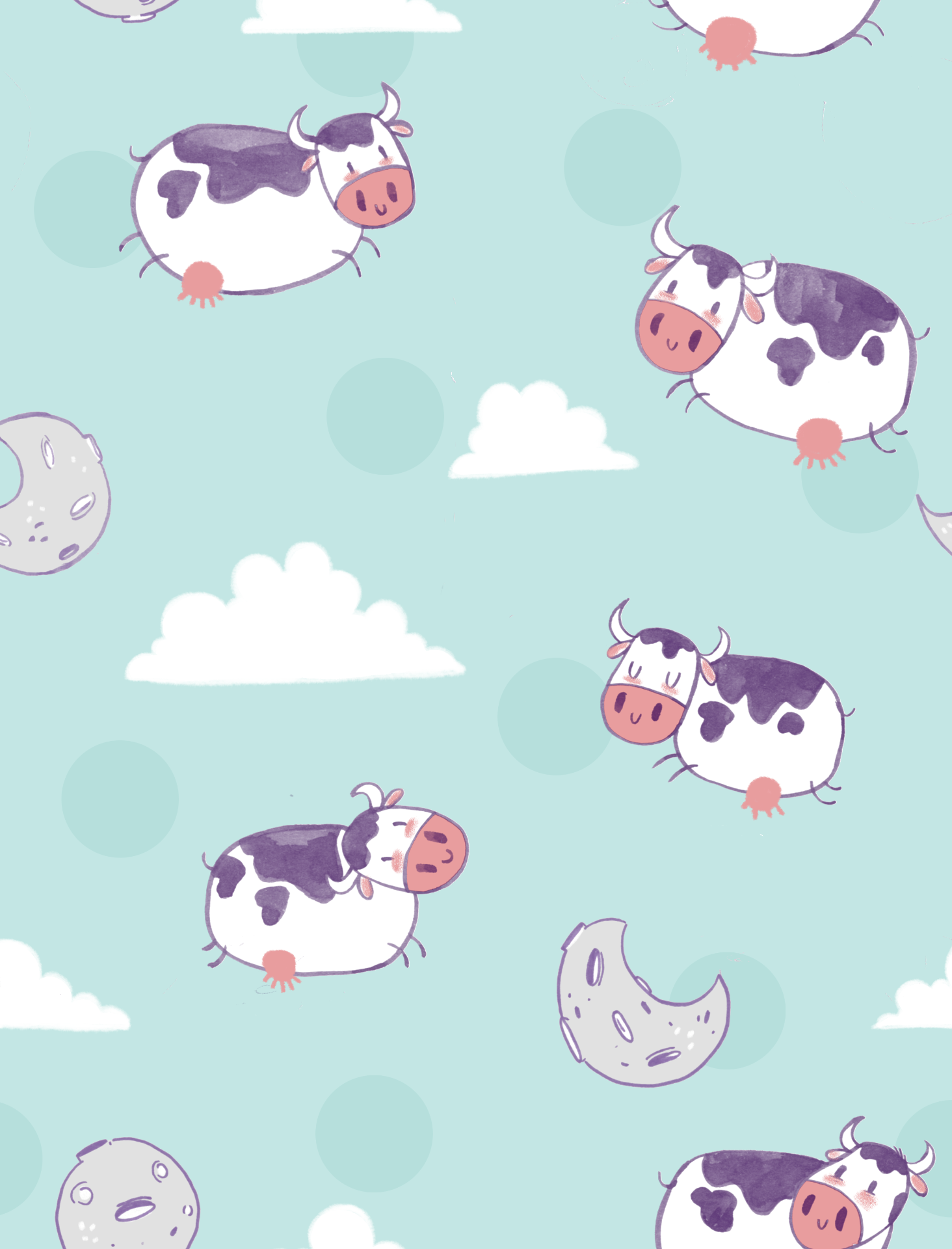 Cute cartoon pattern of smiling black-and-white cows with pink noses, floating among white clouds and light green circles on a light blue background.