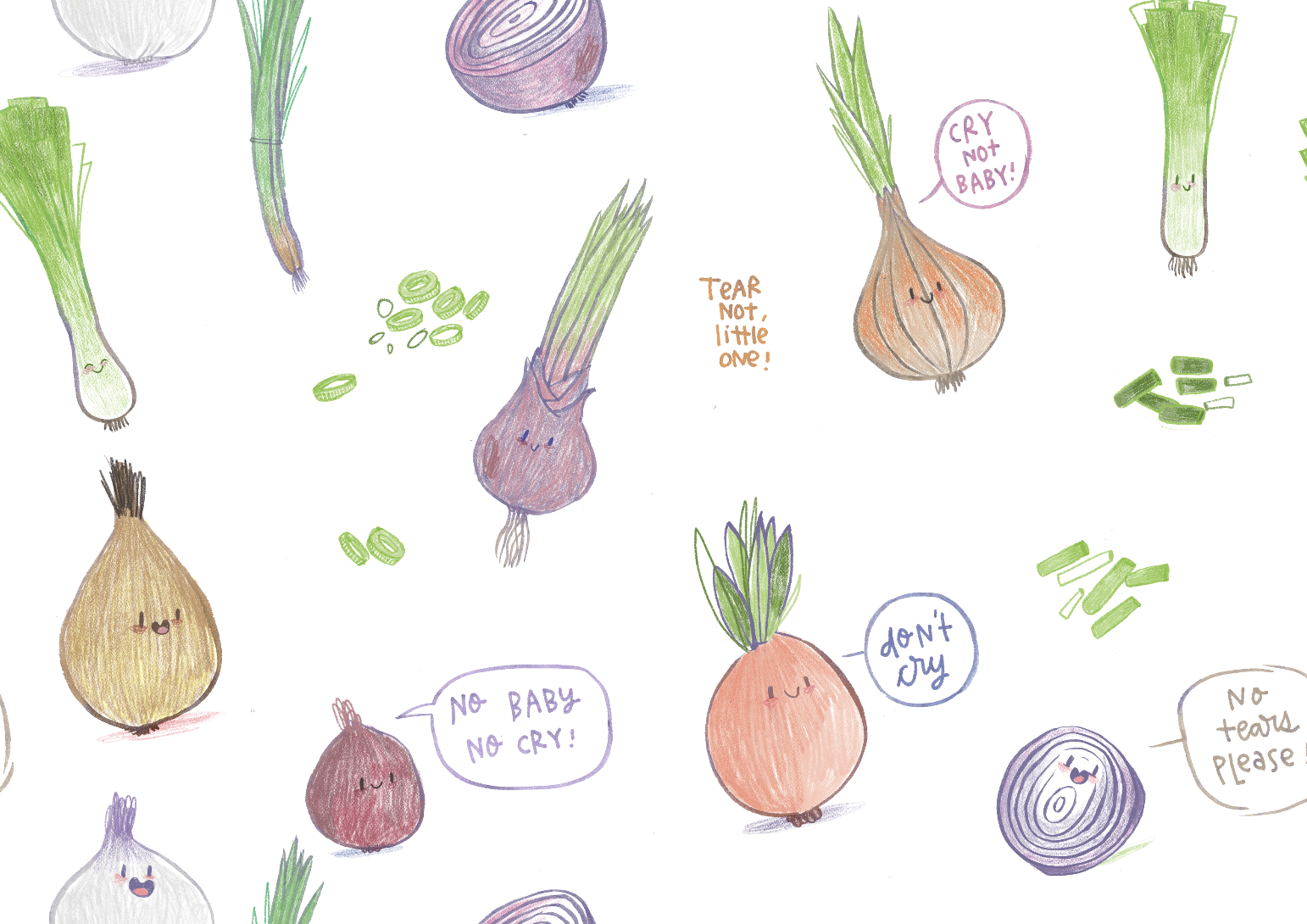 Drawing of smiling vegetables, including onions, garlic, and green onions, with humorous speech bubbles saying "Cry not baby!" "Tear not, little one!" "No baby no cry!" "Don't cry" and "No tears please."