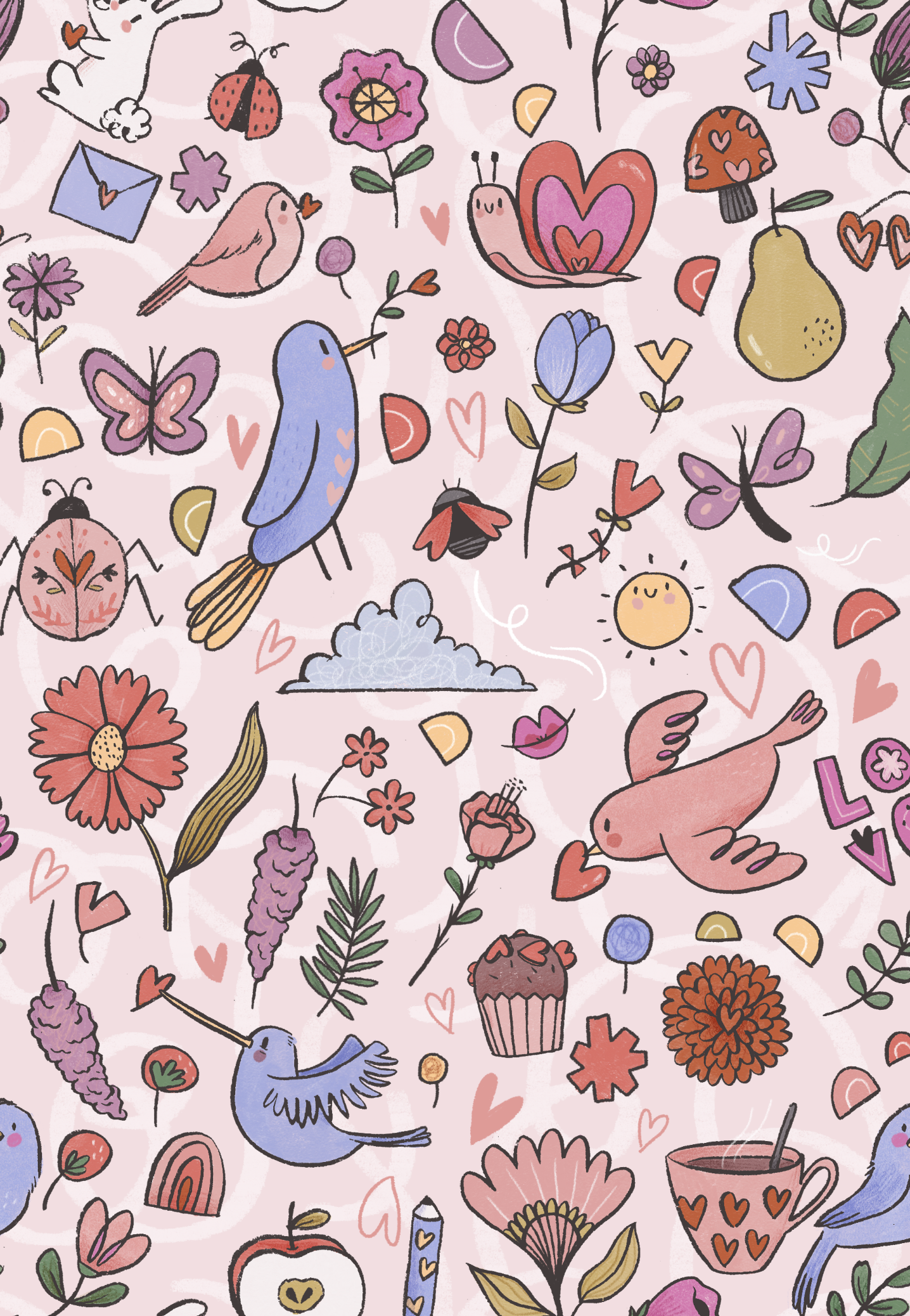 A pastel-colored pattern featuring cute, cartoon-style images of birds, butterflies, flowers, hearts, a cupcake, a cup of coffee, an apple, a mushroom, a ladybug, a pear, a strawberry, and various small decorative elements on a pink background.