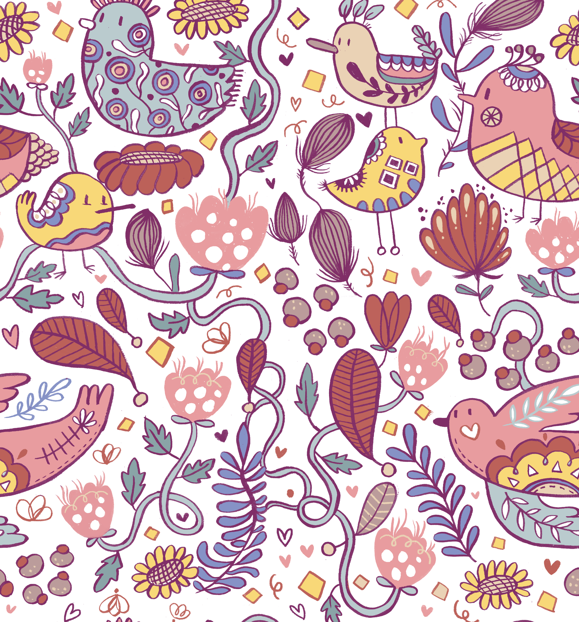 Colorful, whimsical pattern featuring various stylized flowers, leaves, hearts, and abstract shapes in pink, purple, yellow, and green.