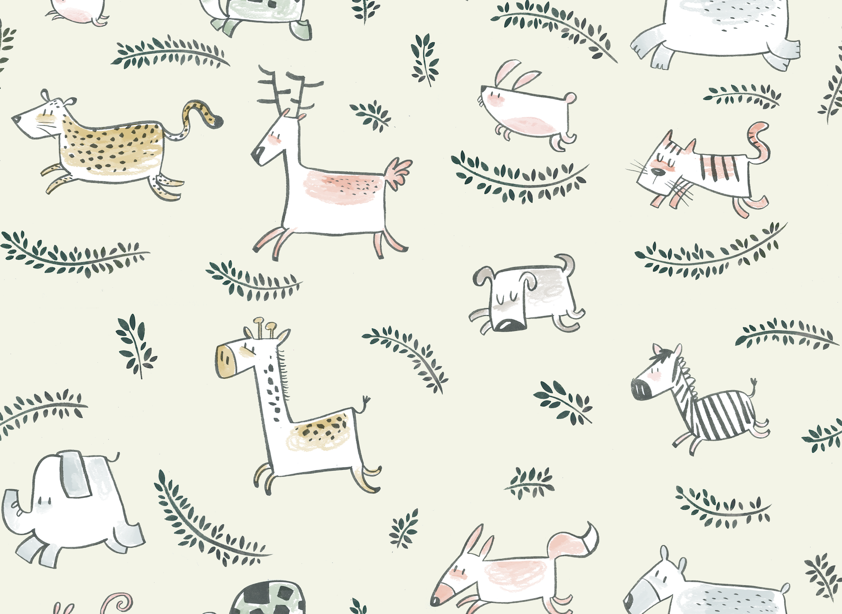 Pattern featuring cartoon animals including a leopard, zebra, rabbit, cat, dog, and elephant, interspersed with green leafy branches on a light background.