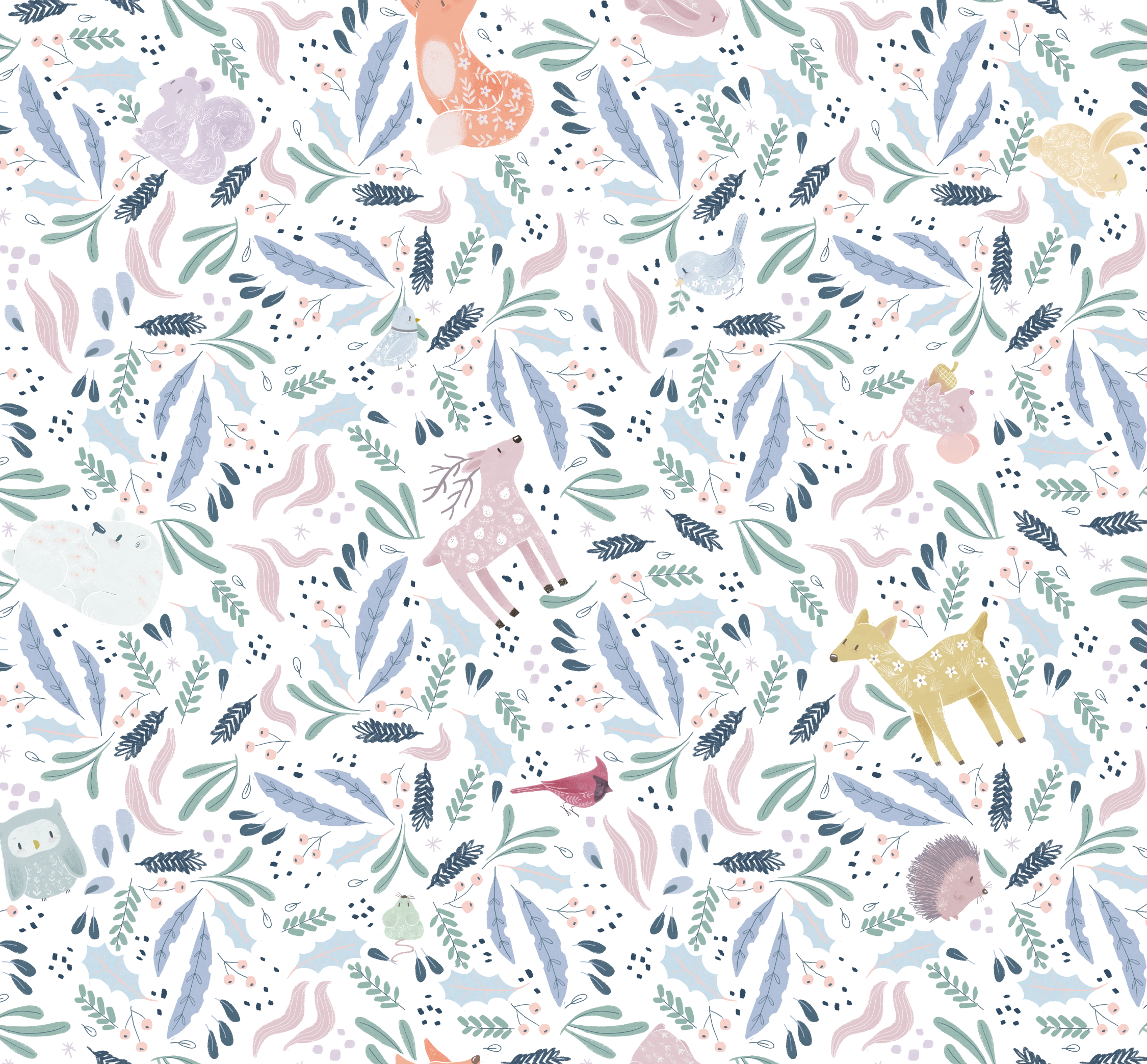 A seamless pattern of various illustrated animals, including a bear, a fox, a squirrel, a hedgehog, and a bird, surrounded by leaves, berries, and decorative elements with a pastel color palette.