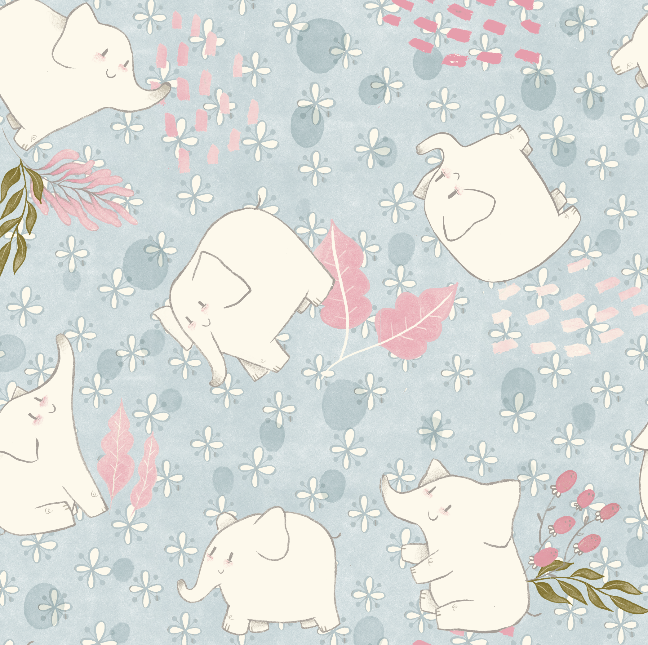Four cute, cream-colored elephants with closed eyes and blushing cheeks lying on a pastel blue background adorned with white flowers, pink leaves, and scattered pink and gray brush strokes.