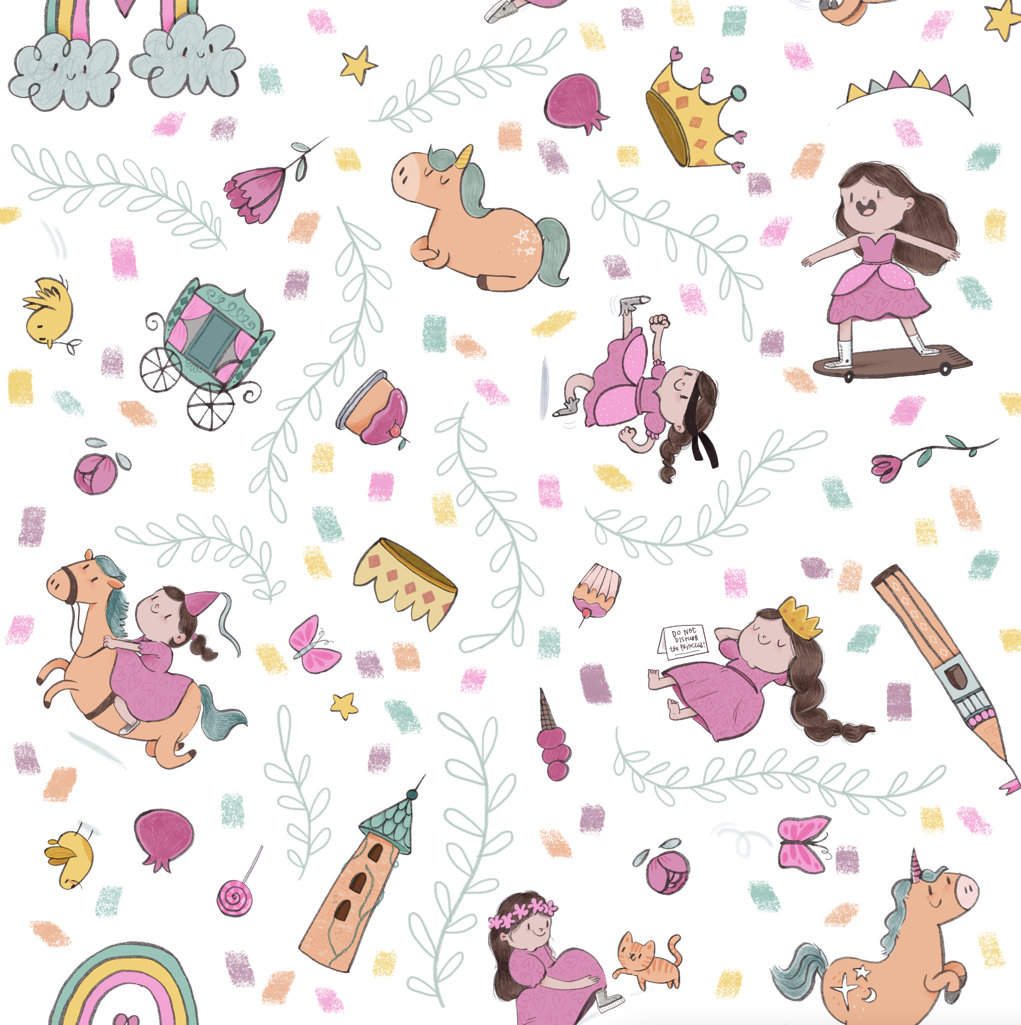 A colorful, whimsical pattern featuring unicorns, princesses, rainbows, stars, crowns, hearts, butterflies, a castle, a carriage, and various doodles in pastel colors on a white background.