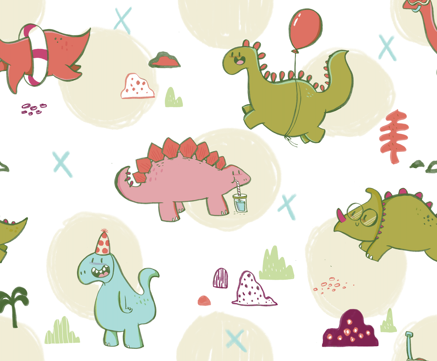 Pattern of colorful cartoon dinosaurs celebrating a birthday, with some wearing party hats and one drinking from a straw, among scattered trees, rocks, and balloons.