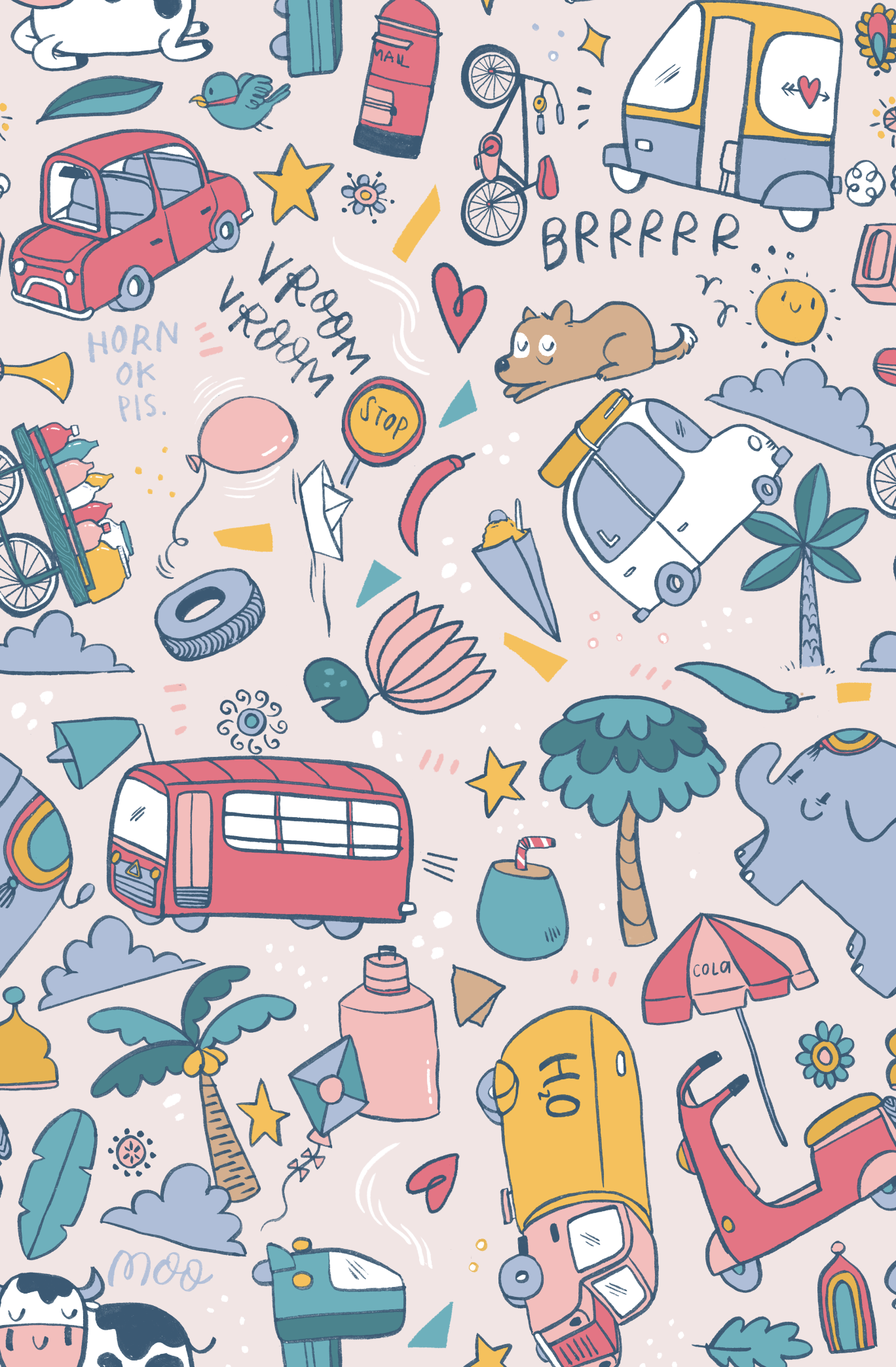 A colorful, cartoon-style pattern featuring various travel and outdoor items such as a pink car, a yellow backpack, a white camper van with a heart symbol, a blue bicycle, a red mailbox, a red stop sign, a pink umbrella, a yellow planet, palm trees, 