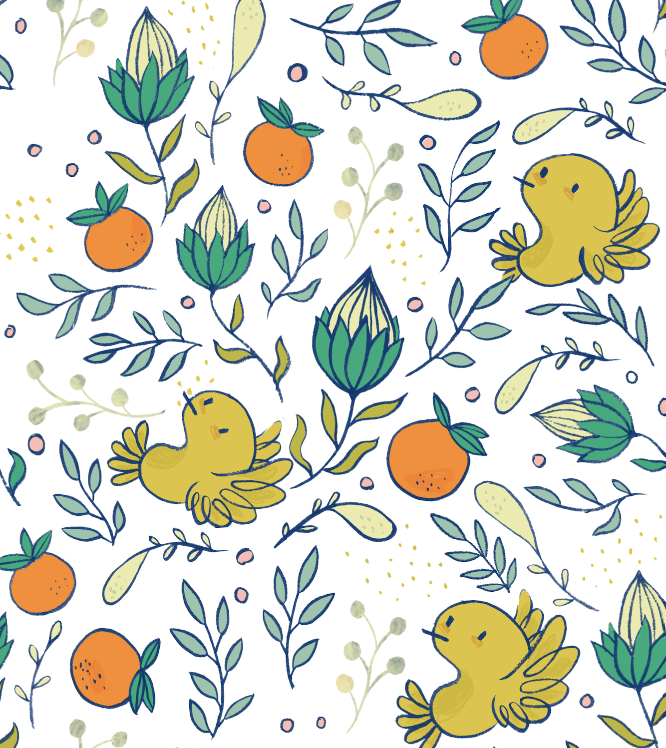 A colorful illustrated pattern featuring yellow birds with wings spread, orange tangerines with green leaves, artichokes, leafy branches, small berries, and abstract yellow dots on a white background.