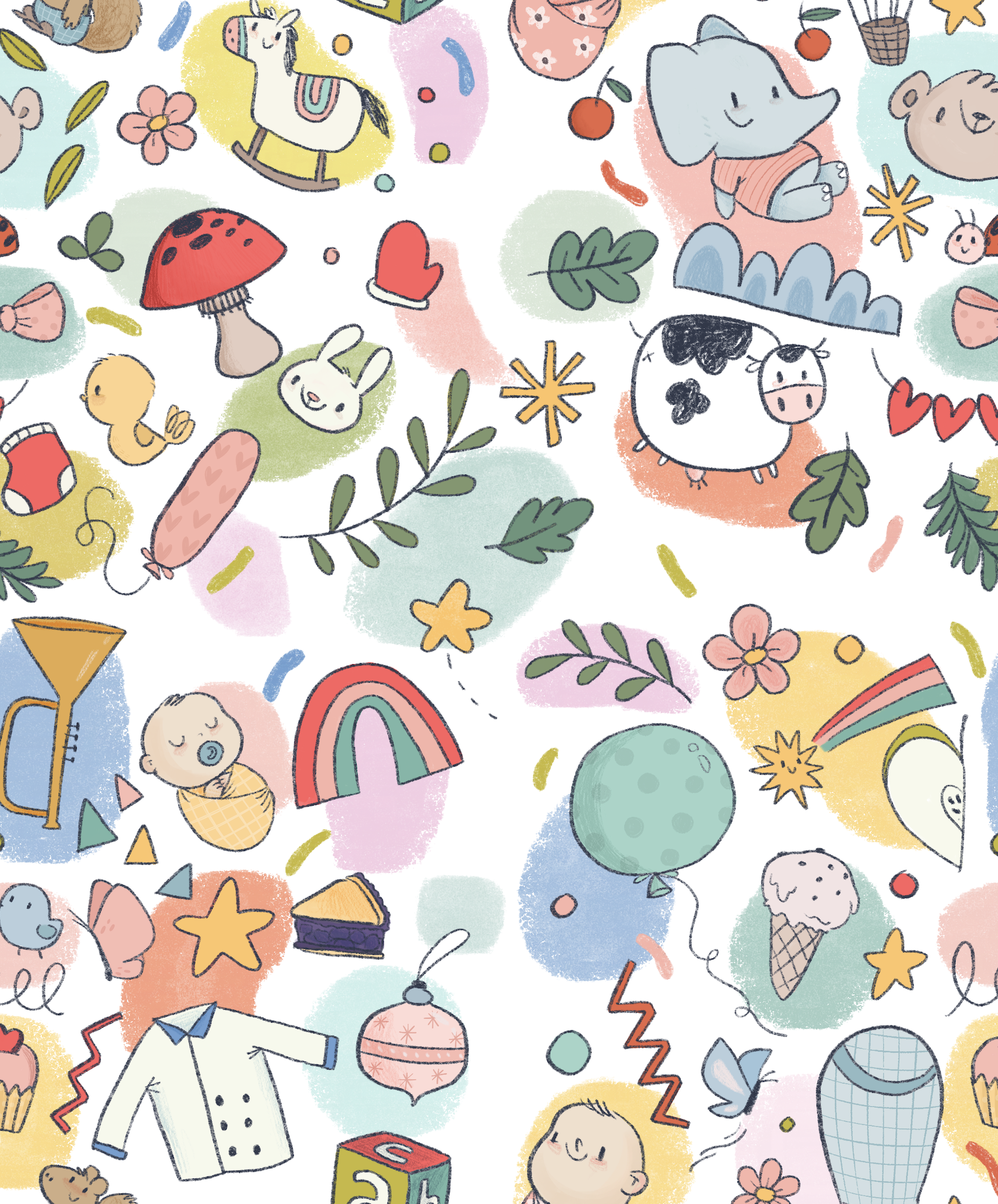 A colorful, doodle-style illustration featuring various cute animals and playful objects like a dog, bunny, cow, elephant, bear, mushroom, flowers, balloons, rainbow, and toys, all drawn in a whimsical, pastel-colored style.