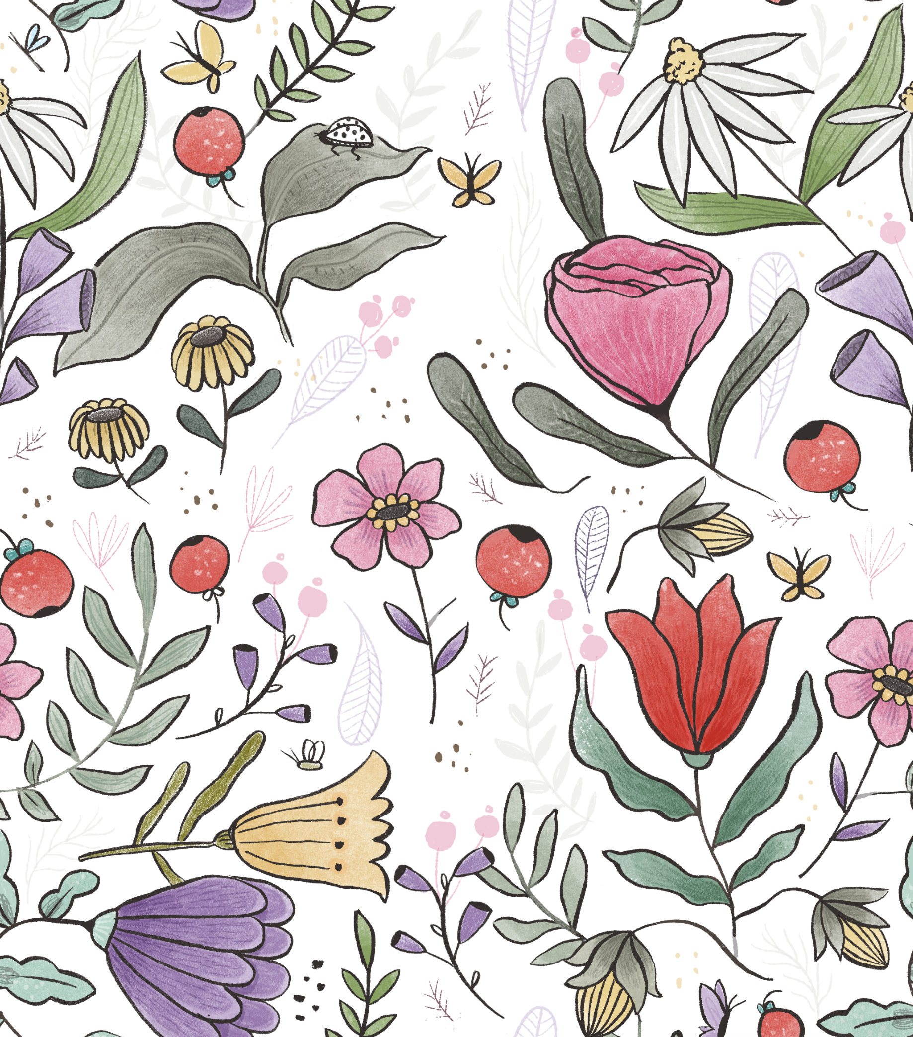 Watercolor floral pattern with purple, pink, red, yellow flowers, green and purple leaves, butterflies, ladybugs, and small pink and black dots scattered throughout.