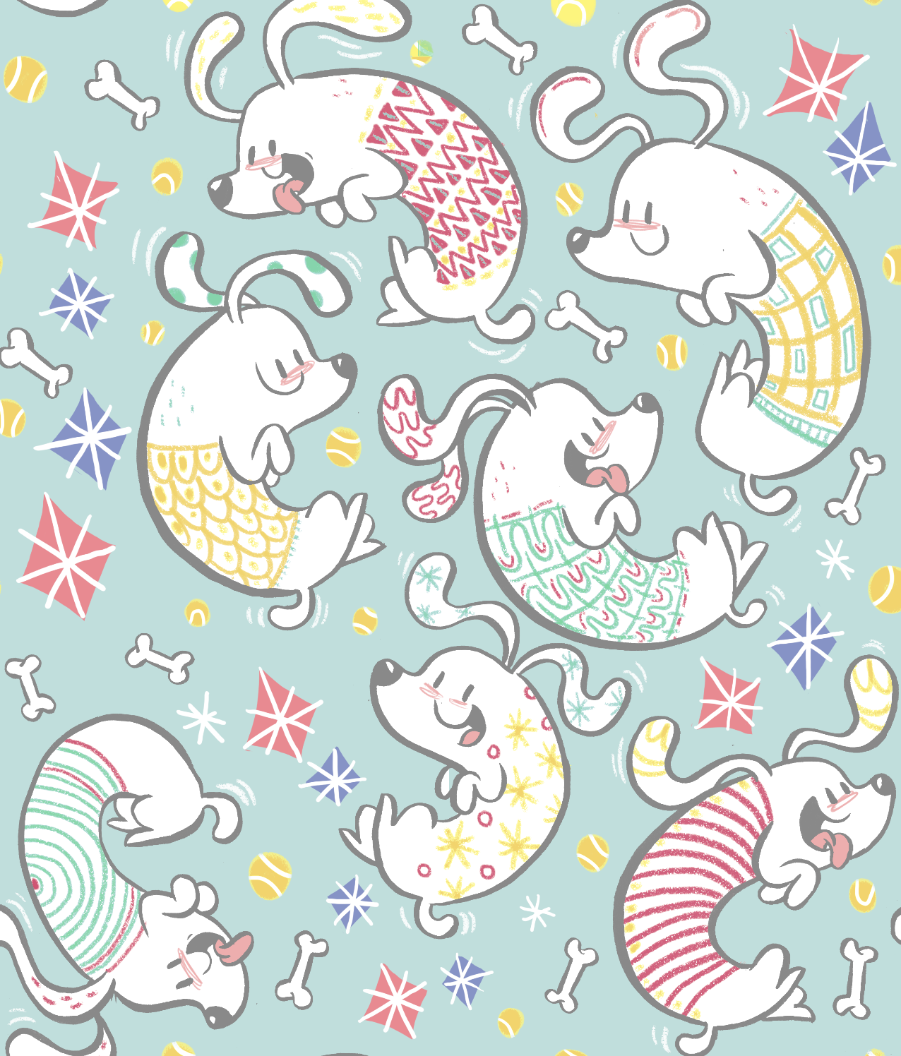 Pattern of cute cartoon mice with colorful tails and decorative scarves, surrounded by scattered bones, yellow balls, and small paper parasols on a light blue background.