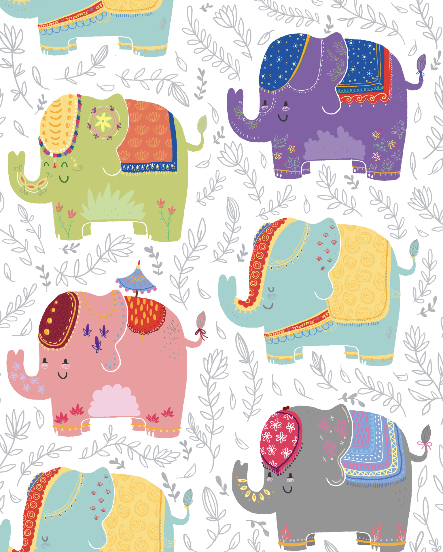 Pattern of colorful, decorative elephants with intricate designs, surrounded by gray leafy vines.