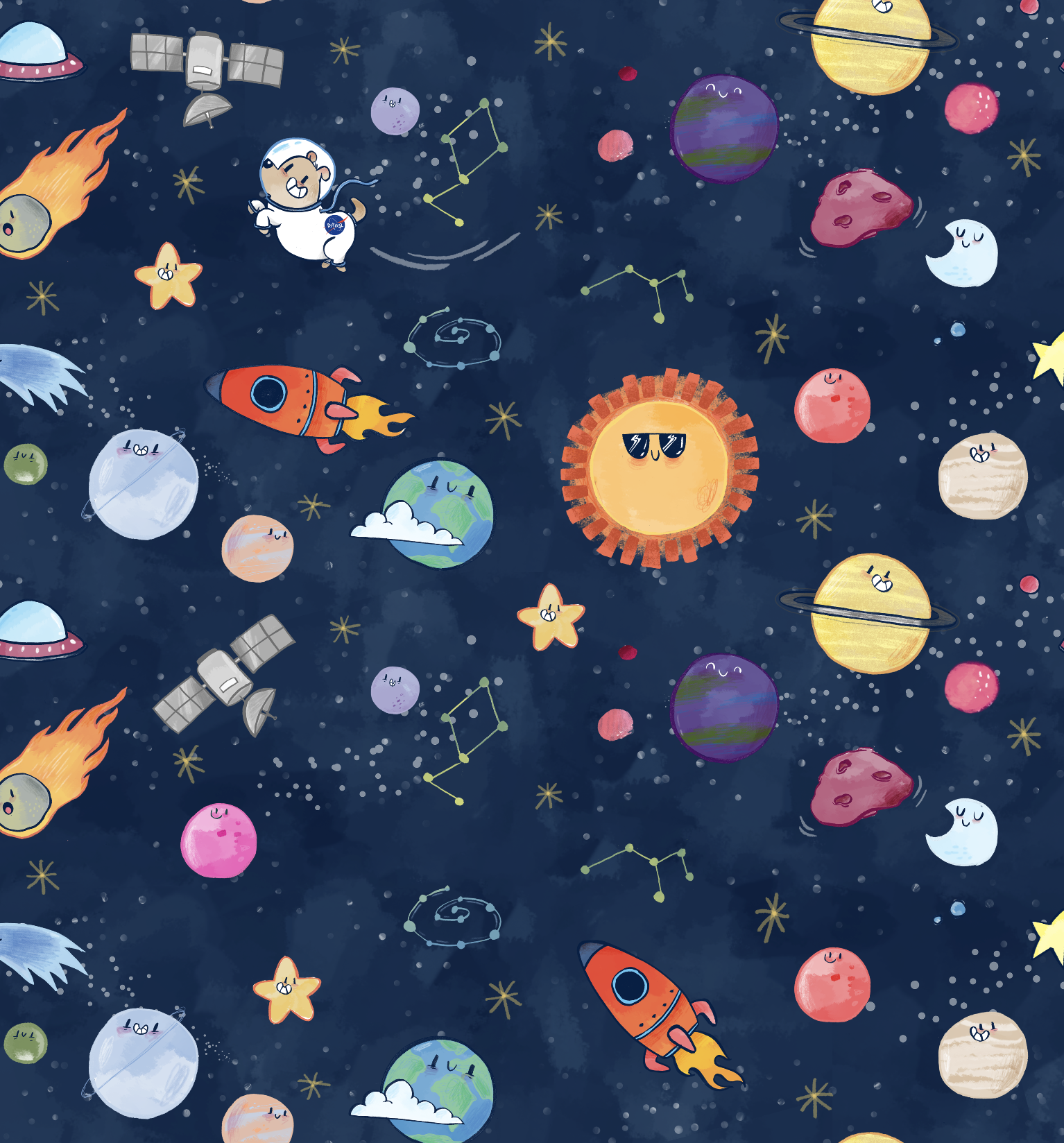 A whimsical space scene featuring animated planets, stars, a spaceship, a rocket, comets, satellites, and celestial objects with cute faces, set against a dark starry background.