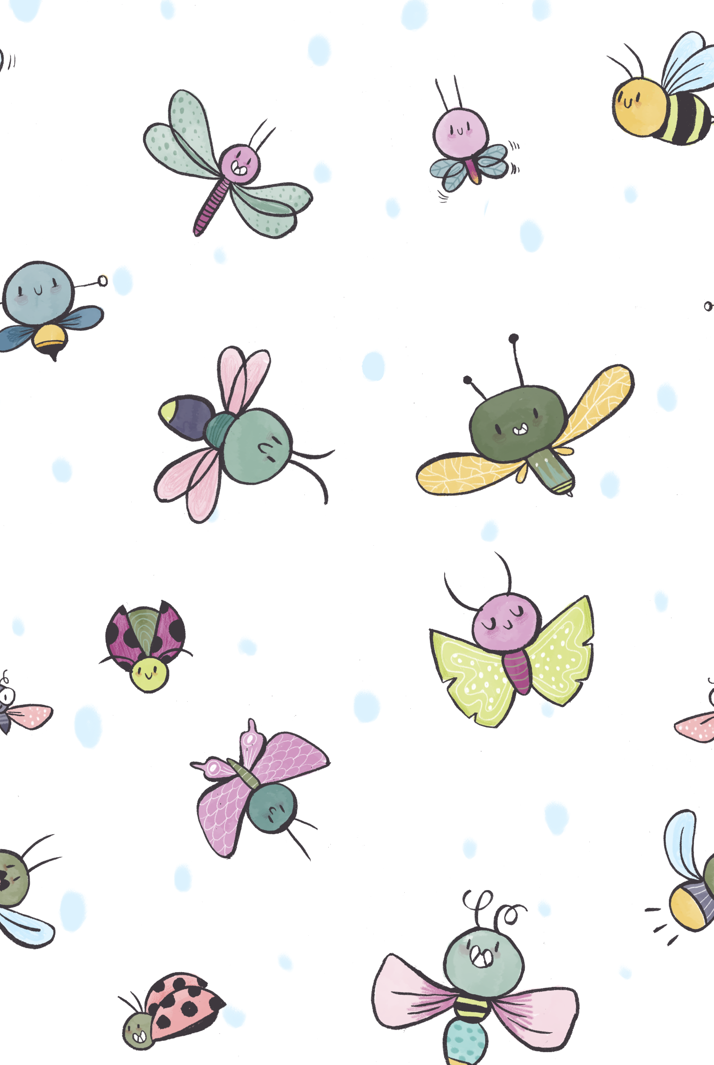 A pattern featuring cute, cartoon-style illustrated bugs, including bees, ladybugs, butterflies, and other insects, on a white background with light blue dots.