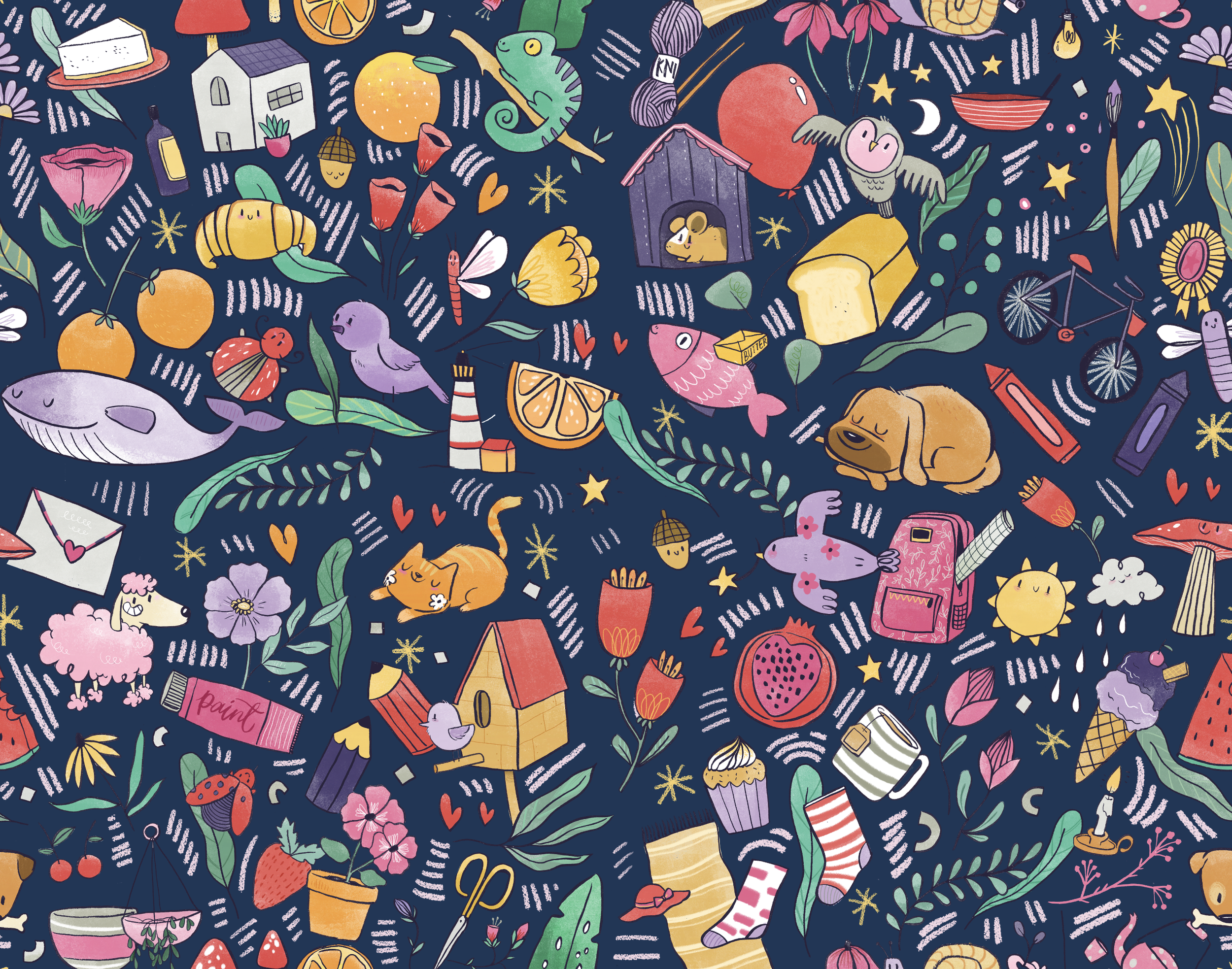 A colorful, illustrated pattern with various objects and animals including fruits, flowers, animals like a whale, owl, dog, cat, sheep, and butterfly, as well as objects like a bicycle, paint tube, cupcake, lipstick, and a house on a dark background.