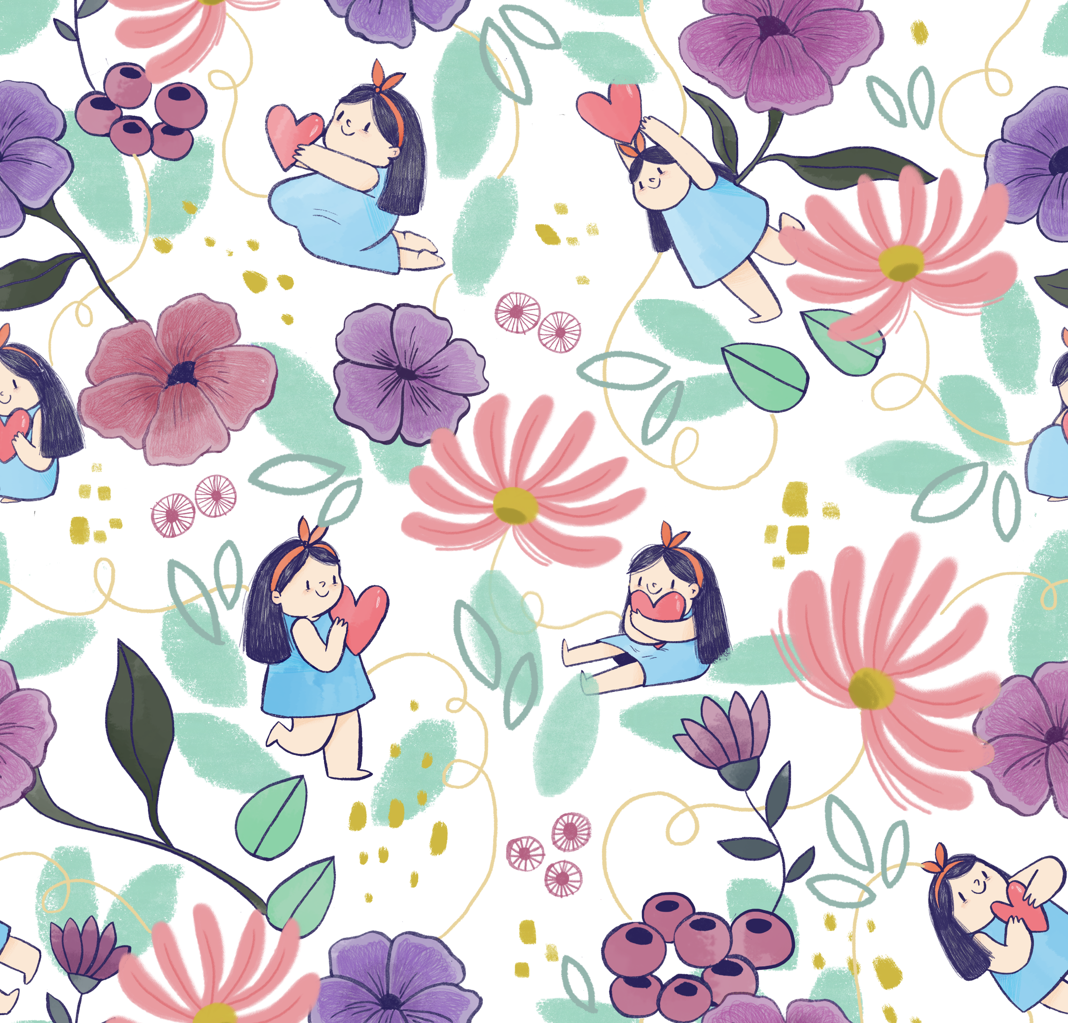 A colorful, illustrated pattern featuring children holding hearts, surrounded by various large flowers, leaves, and abstract decorative elements.