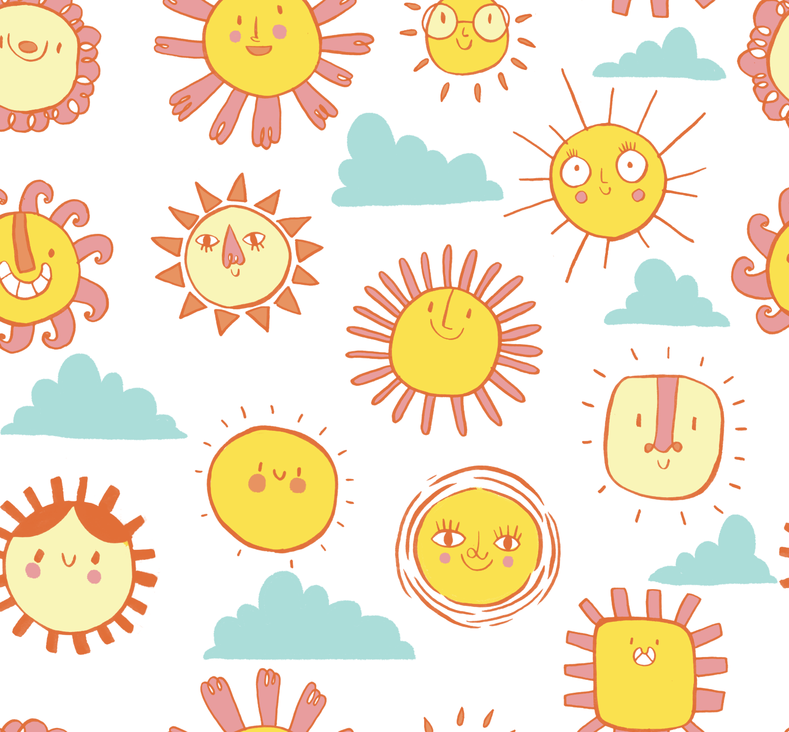 A colorful pattern of cartoon suns with various facial expressions and accessories, floating among blue clouds on a white background.