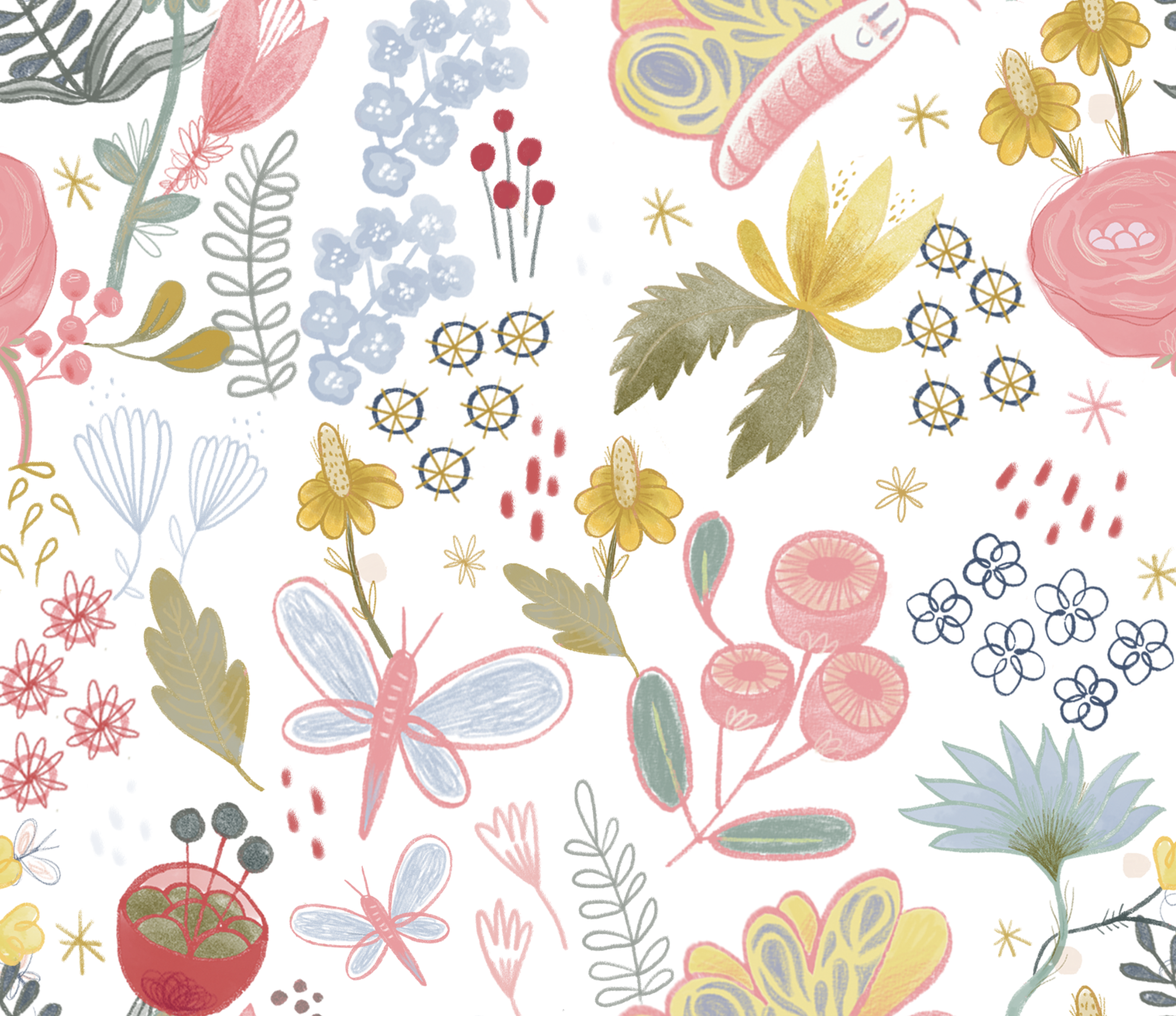 A colorful floral and botanical pattern with various flowers, leaves, berries, and abstract shapes in pastel shades of pink, yellow, blue, green, and black.