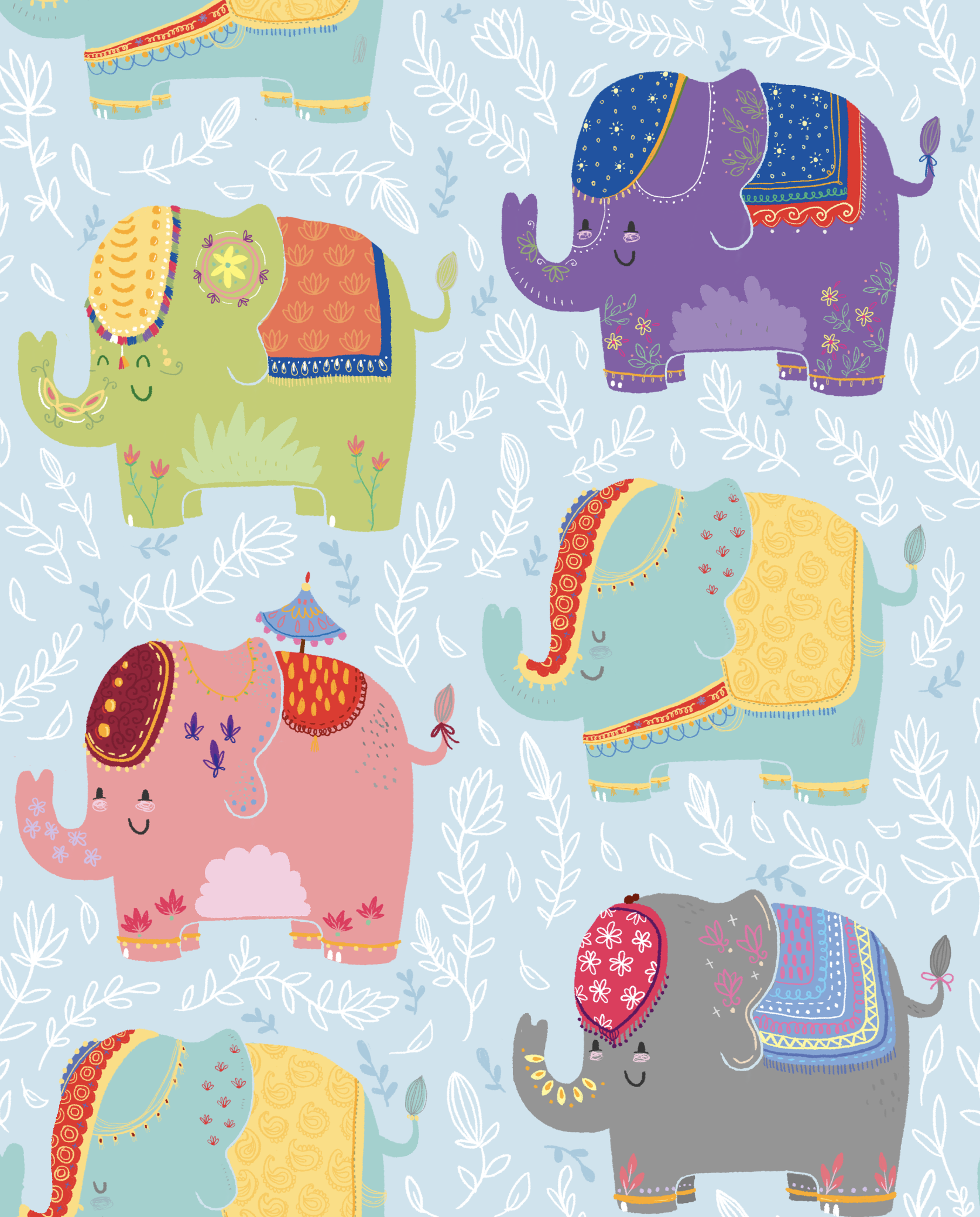 Pattern of colorful, cartoonish elephants with decorative saddlecloths and accessories, set against a light blue background with white leafy and floral motifs.