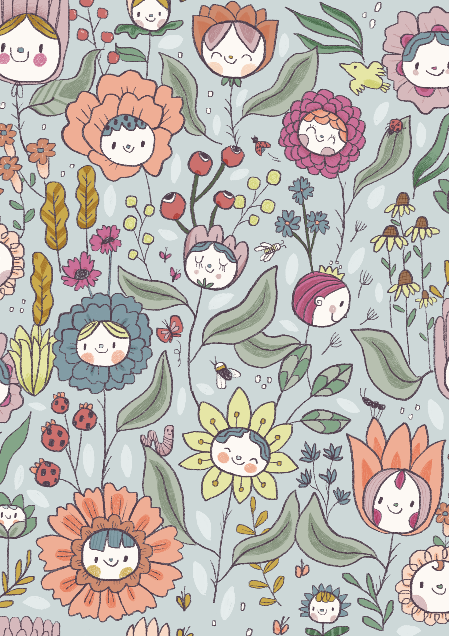 Pattern with smiling cartoon children’s faces dressed as flowers, surrounded by various colorful flowers, leaves, ladybugs, bees, and a small yellow bird on a light blue background.